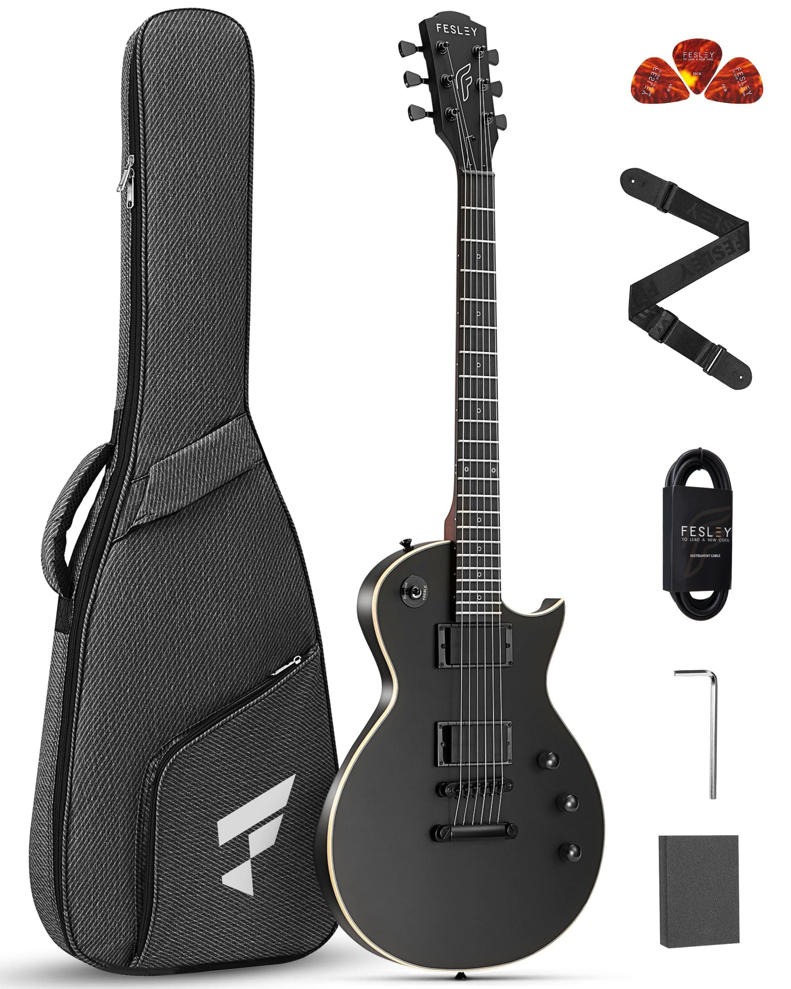 39" LP Electric Guitar Kit, Full Size Solid Body Electric Guitars for Beginners with Humbucker Pickups, Poplar Body, Mahogany Neck,22 Frets,6 String Guitar with Gig Bag,Cable,FLP350,Matte,Black