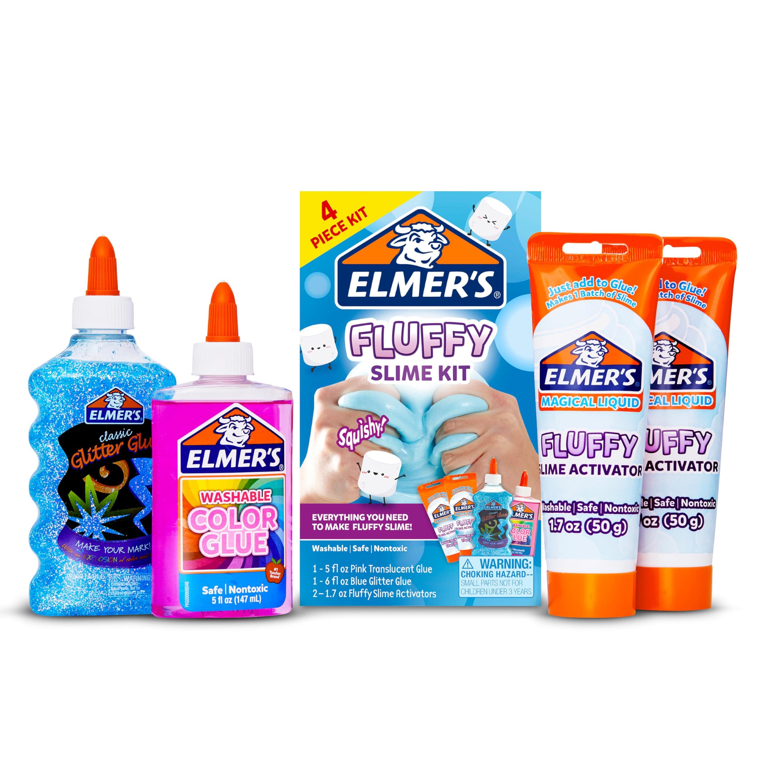 Elmer’s Fluffy Slime Kit, Includes Translucent Color Glue, Glitter Glue, Fluffy Slime Activator, 4 Count - Perfect for Birthday Parties, Gift Idea, Kids Activity