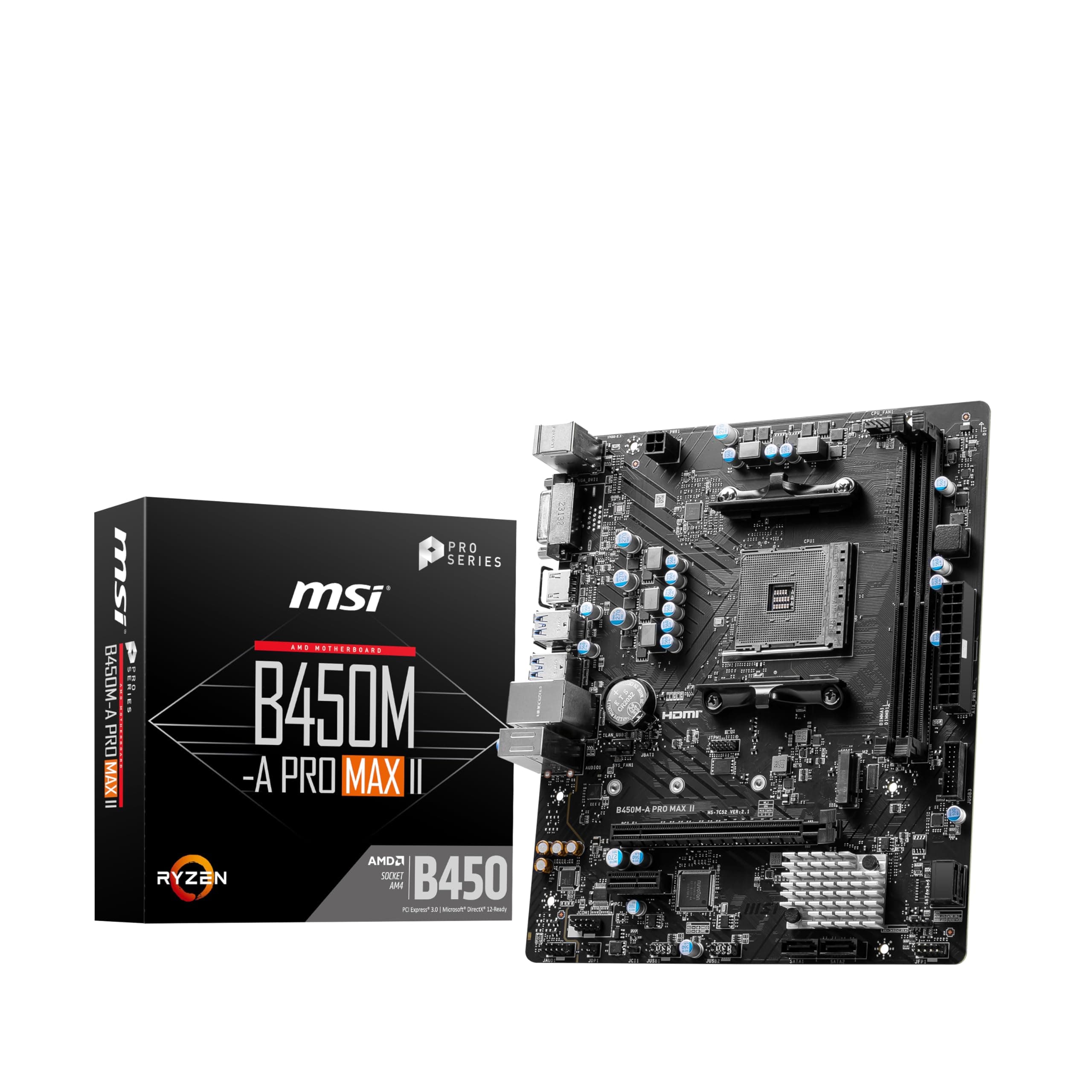 MSI B450M-A Pro Max II Micro ATX Motherboard for AMD Ryzen 5000, 4000, 3000, 2000, 1000, AM4 Processors DDR4 Memory Boost 4133+MHz/OC, PCIe 3.0 x16 Slot, M.2 Gen3 2.5G LAN
