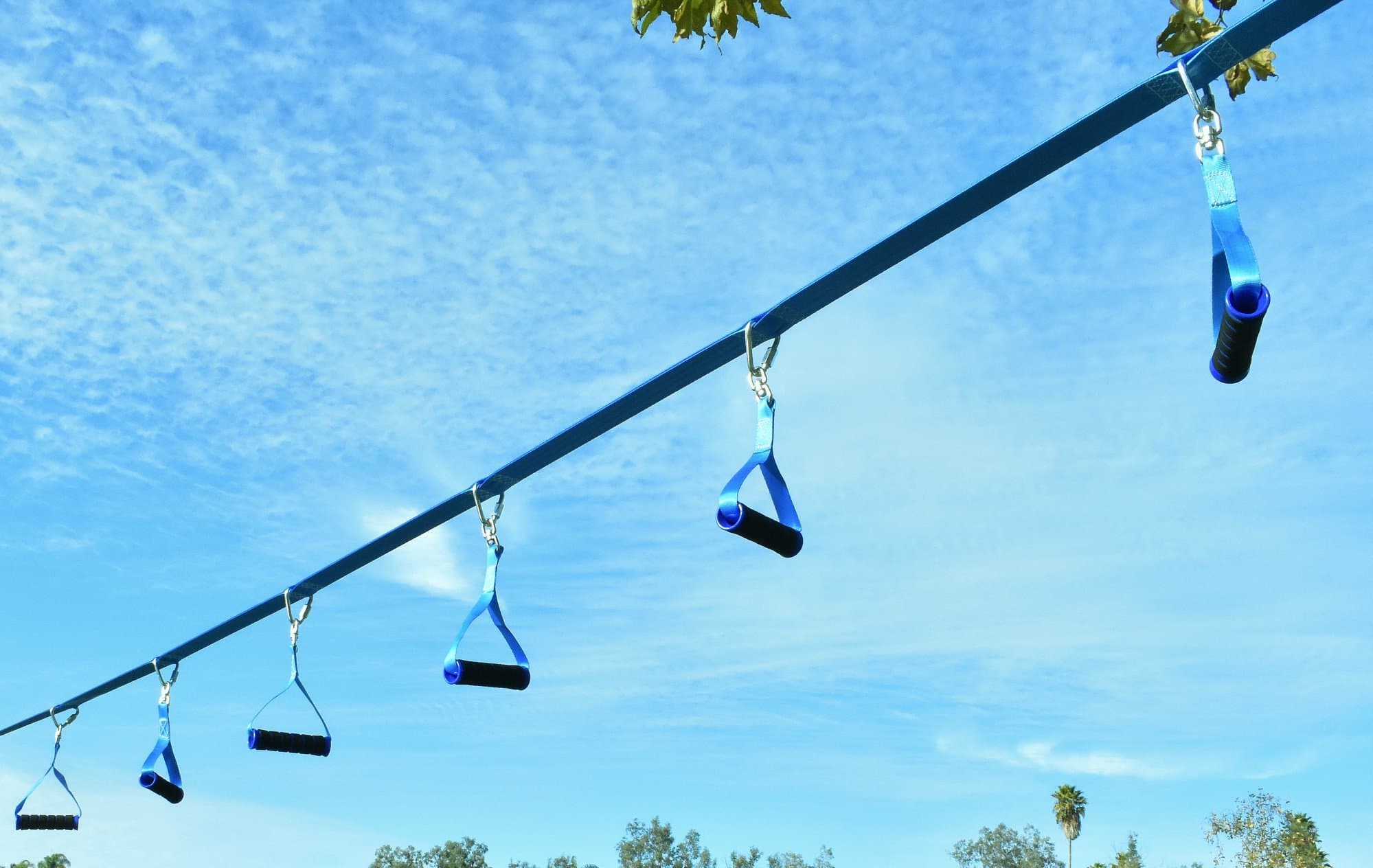 3in1 Monkey Line Kit - 40' Long and 2" Wide Soft Nylon Strap w/ 11 Holes (Loops in Line) - 6 Monkey Bar Handles - Durable Safety Ratchet + Easy Slackline Set Up Guide. Kids Ninja Activity