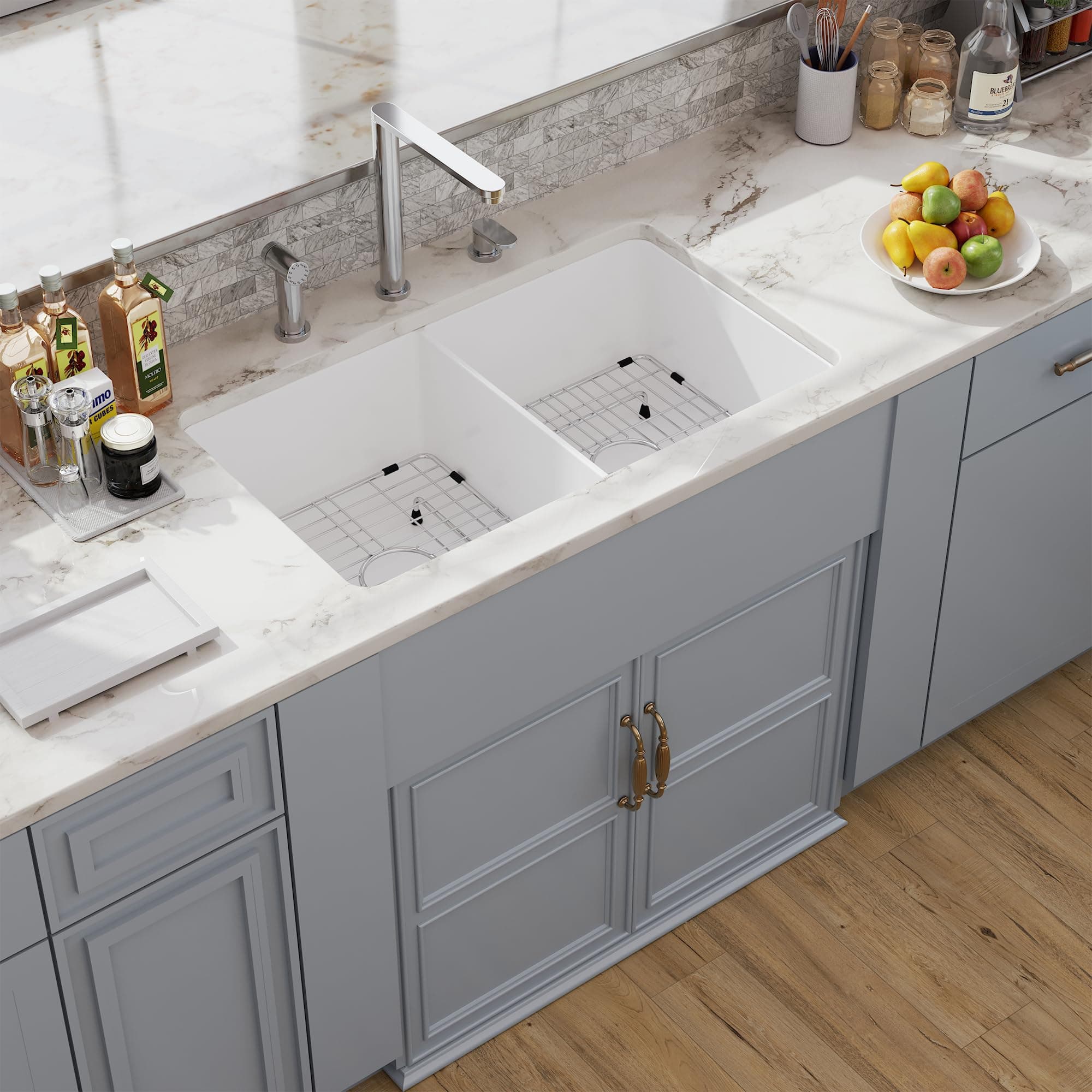 32 White Undermount Double Kitchen Sink, Hugsleek Topmount & Undermount Kitchen Sink 32x19 inch White Porcelain Ceramic Fireclay Sinks Dual Mount 50/50 Double Bowl Under Counter Sinks Basin Drop In