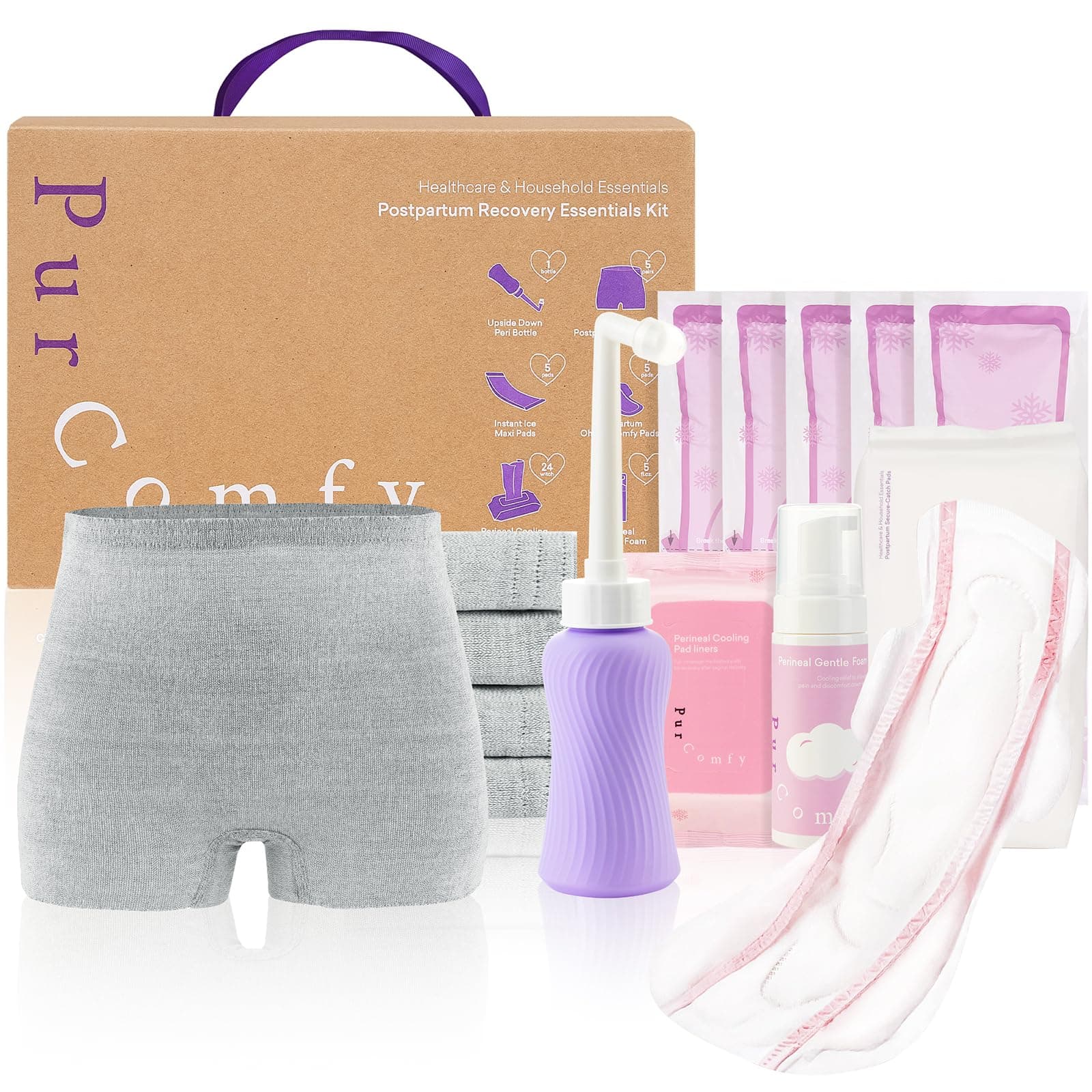 18 Pcs Postpartum Essentials Recovery Kit, Includes 5 Disposable Underwear, 24 Perineal Pad Liners, Perineal Care Foam, 5 Instant Ice Pads, Peri Bottle and 5 Postpartum Pads