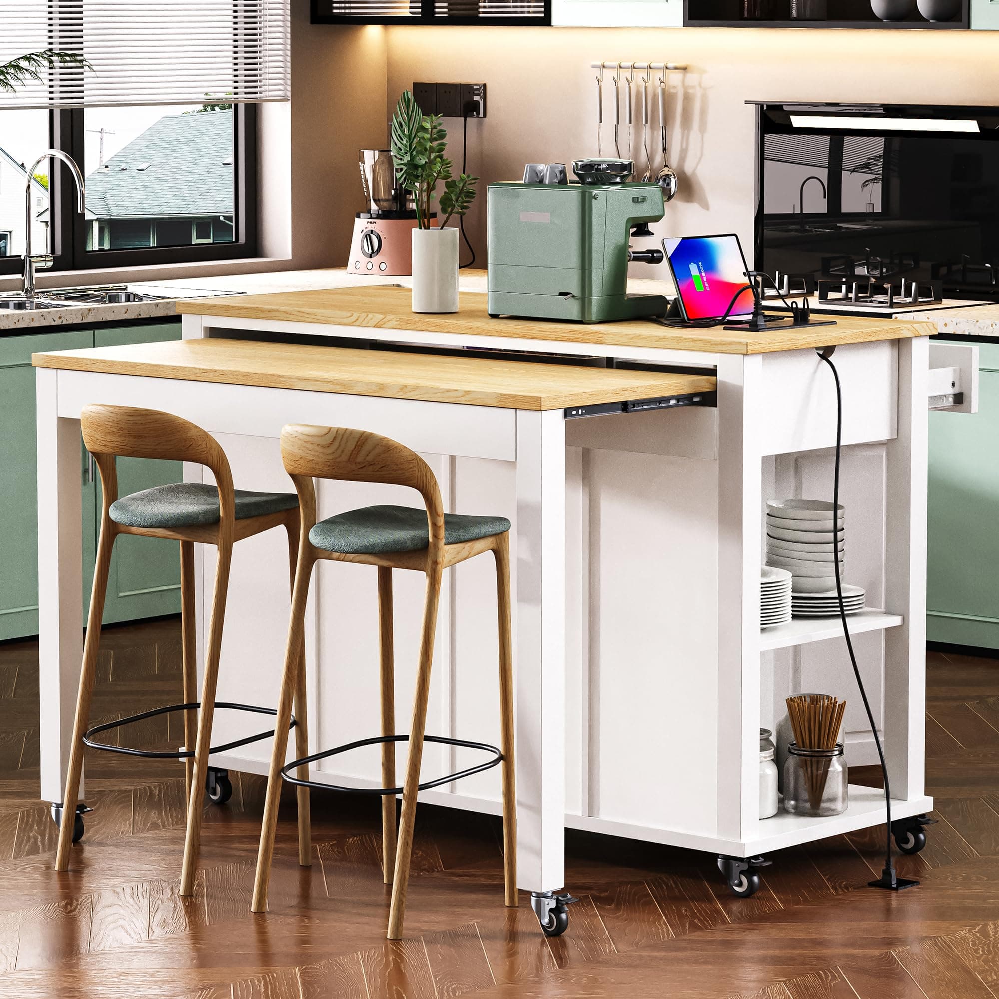 47 inch Kitchen Island On Wheels with Extendable Dining Table,Rolling Kitchen Island Cart with Internal Storage Rack and Power Outlet,Kitchen Island Table with Drawer & Shelves,White
