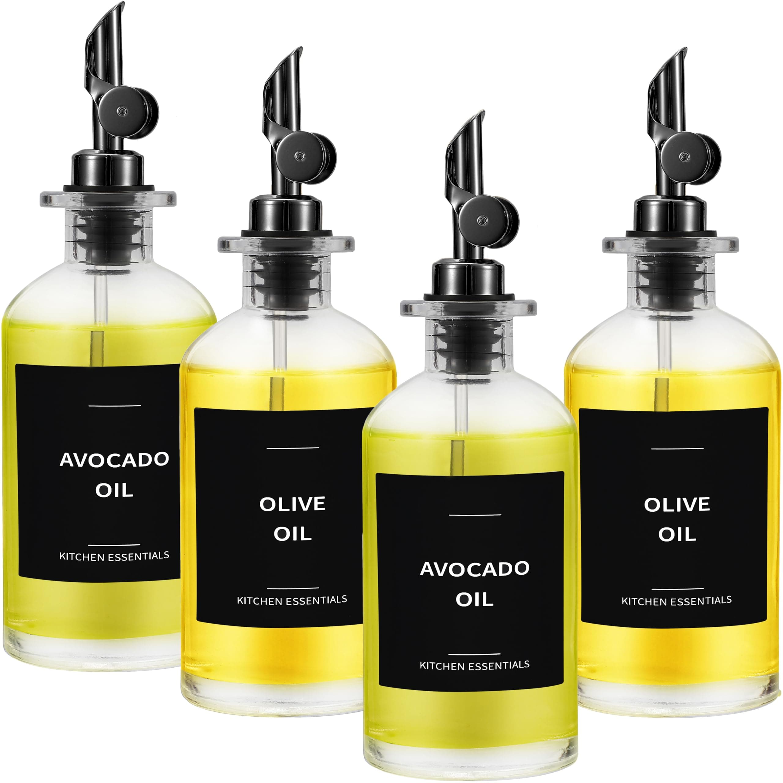 Olive Oil Dispenser Bottle - Includes 55 Kitchen Essential Labels - Cooking Oil Bottles for Kitchen, Coffee Syrup Dispenser - Pourer Spout with 11.8 fl oz Glass Container Cruet - 4pcs, Black