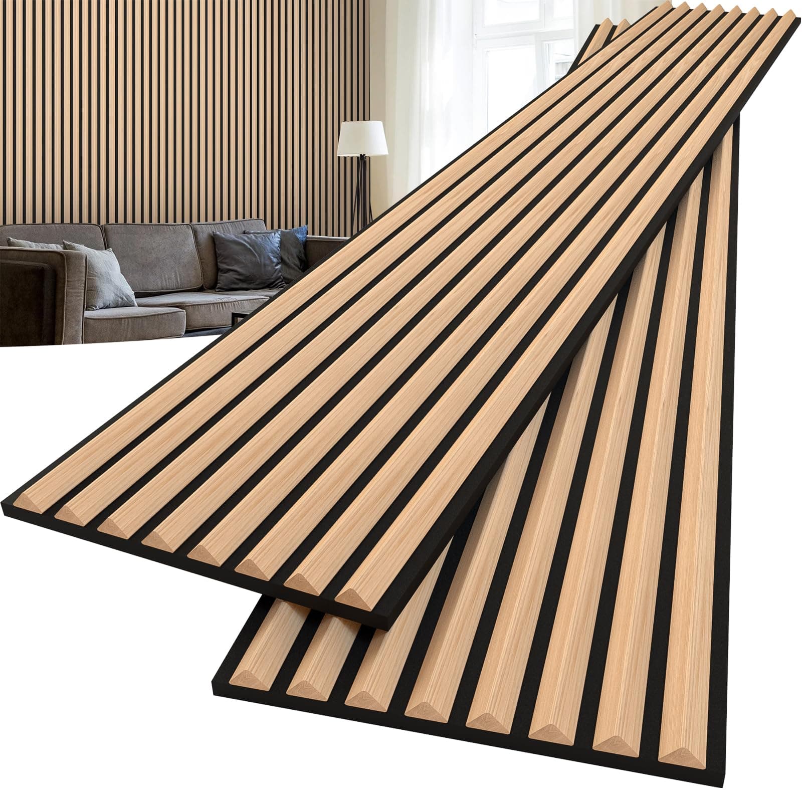 2-Pcs 94.5"x11.02" Triangular Slat Wood Panels for Interior Wall Decoration,Wooden Slat Panels for Noise Reduction,Sound Panels with Solid Wood Veneer,Acoustic Panels for Home,Office,Natural Oak