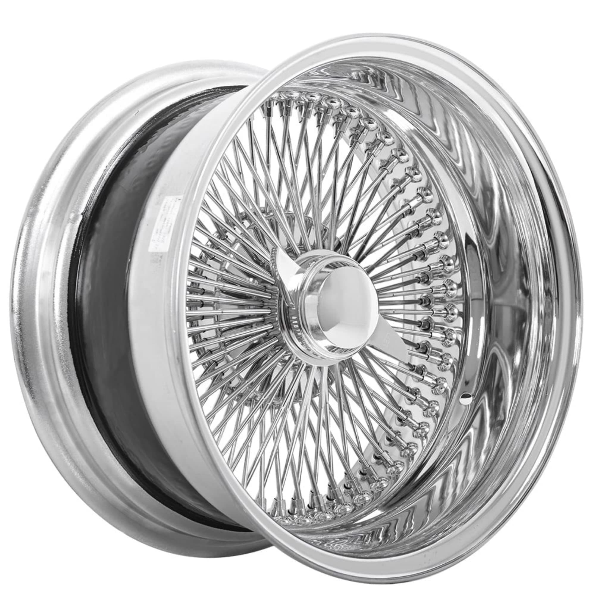 | 15x10” | Reverse 100-Spoke Straight Lace | Includes 4 Knock Offs, 4 Adapters and Tool | 15 Inch Rims | Chrome Finish