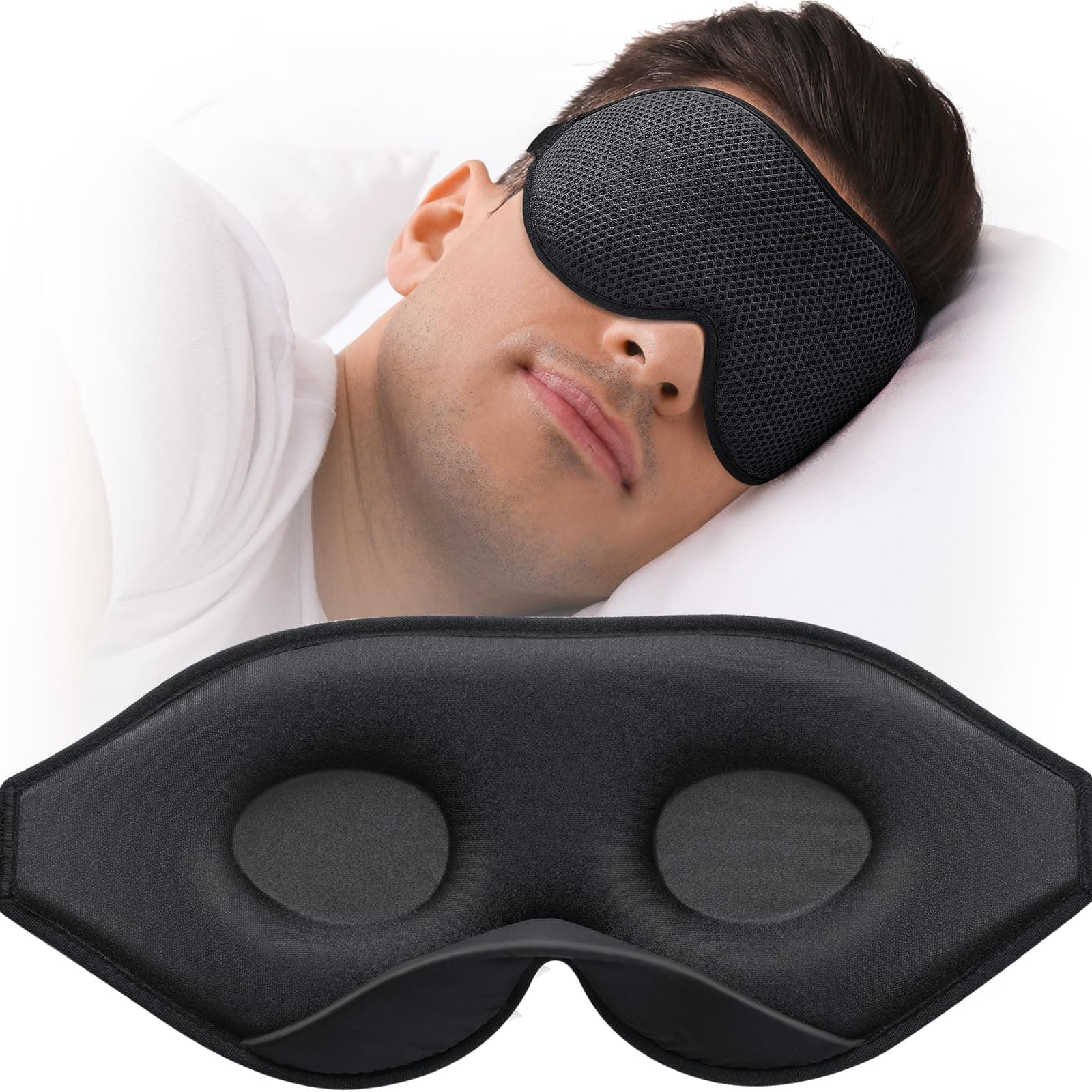 Sleep Mask for Side Sleeper, Eye Mask for Sleeping Women Men, 3D Contoured Cup No Eye Pressure 100% Light Blocking Sleeping Mask with Adjustable Strap Night Blindfold Flight, Travel, Nap, Black