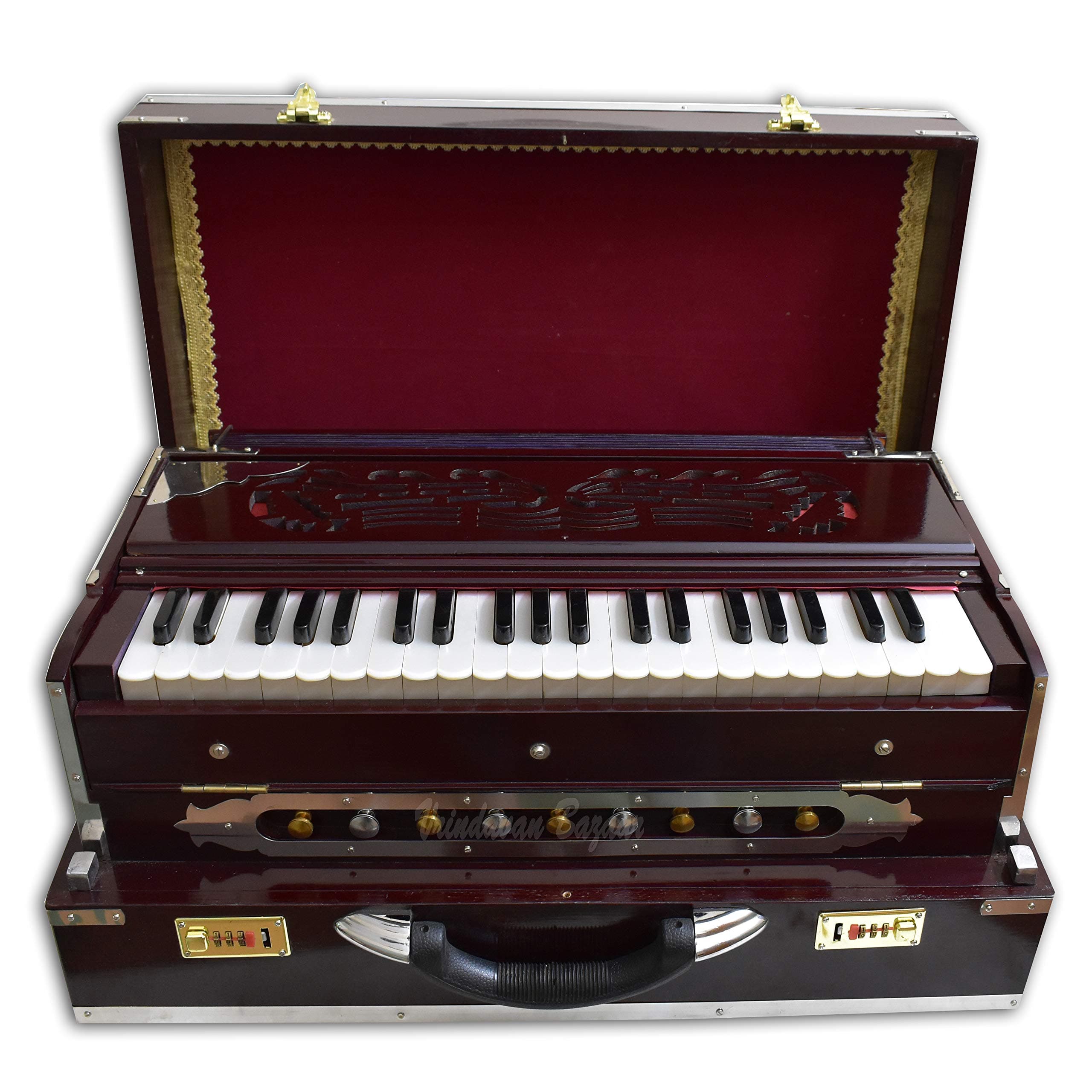 VRINDAVANBAZAAR.COM Deluxe portable Harmonium, dark mahogany, 2 reeds, 3.5 octaves
