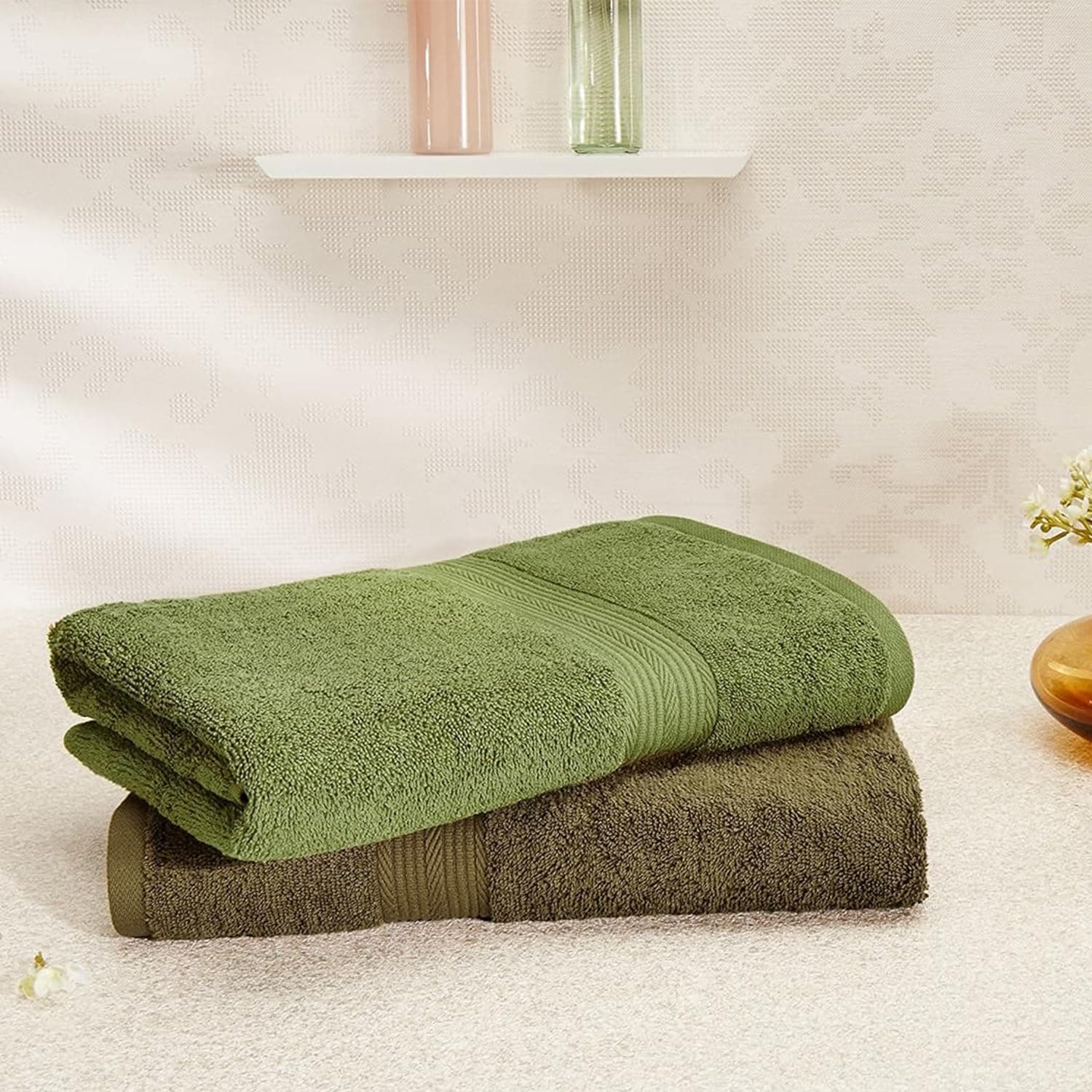 100% Cotton 2 Piece Bath Towel Set, 500 GSM (Sepia Brown and Olive Green)