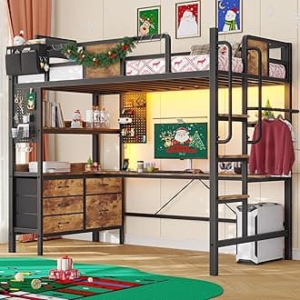 Loft Bed Twin Size with L-Shaped Desk,Heavy Duty Metal Loft Bed for Adults Teens, 5 Storage Drawers & LED Lights,Charging Station,No Box Spring Needed, Space Saving for Small Room, Rustic Brown