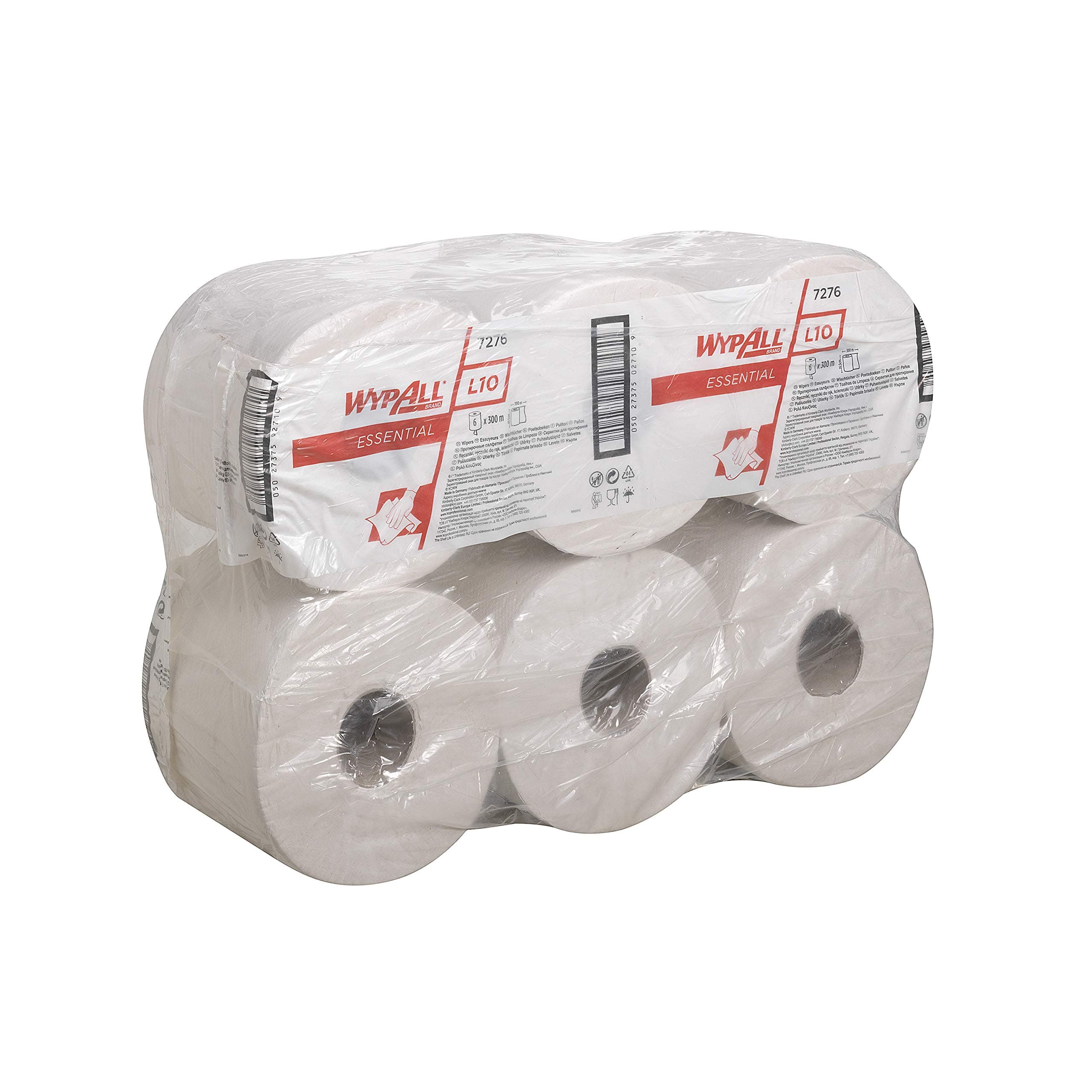 L10 Essential Wiping Paper 7276 - Centrefeed Roll - 6 Rolls x 300m White Paper Wipers (1,800m total)