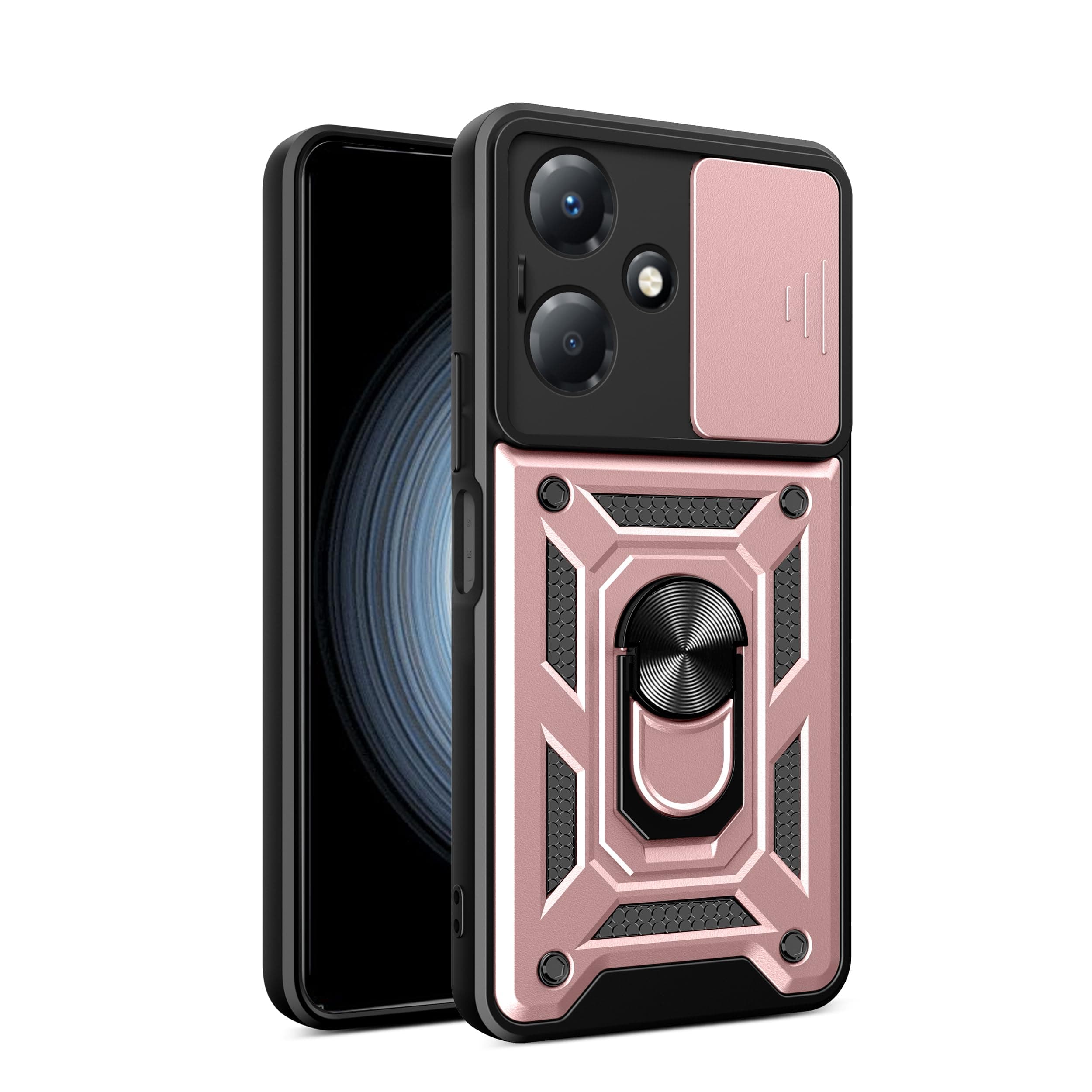 Case for Tecno Spark 6 Go, Rugged Shockproof Cover with 360° Rotatable Magnetic Kickstand and Slide Camera Lens Cover Case for Tecno Spark 6 Go-Rose Gold