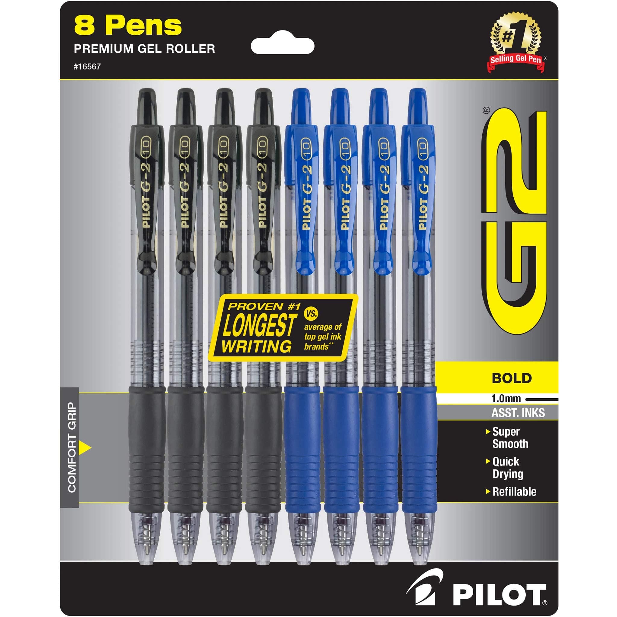G2 Premium Refillable & Retractable Gel Ink Pens, Bold Point (1.0mm), Black/Blue, 8 Count (16567)
