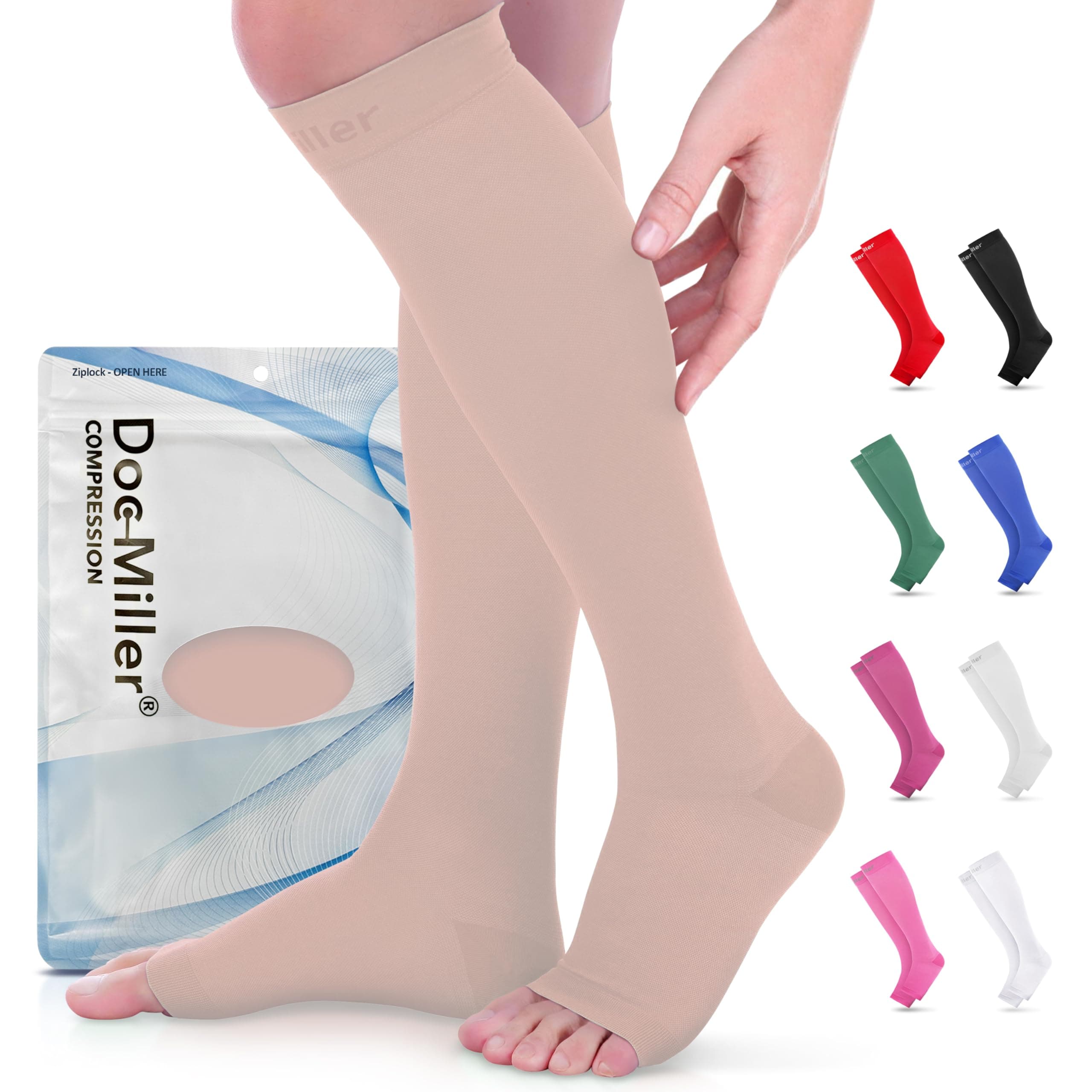 Doc Miller Open Toe Compression Socks for Women & Men 15–20 mmHg, Knee High Calf Support Sleeves, Graduated Stockings for Swelling Recovery, Circulation, 1 Pair