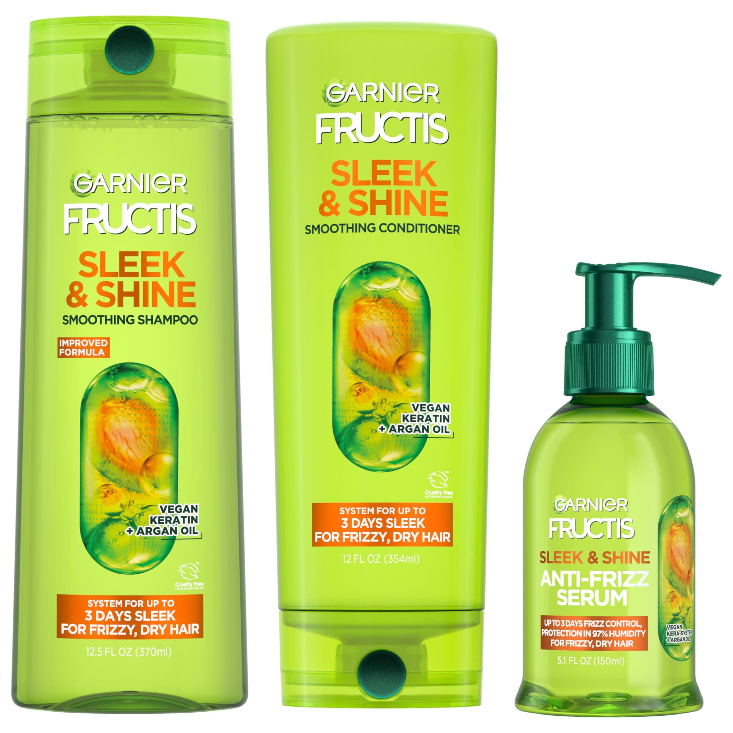 Fructis Sleek & Shine Shampoo, Conditioner + Anti-Frizz Serum Set for Frizzy, Dry Hair, Argan Oil (3 Items), 1 Kit (Packaging May Vary)