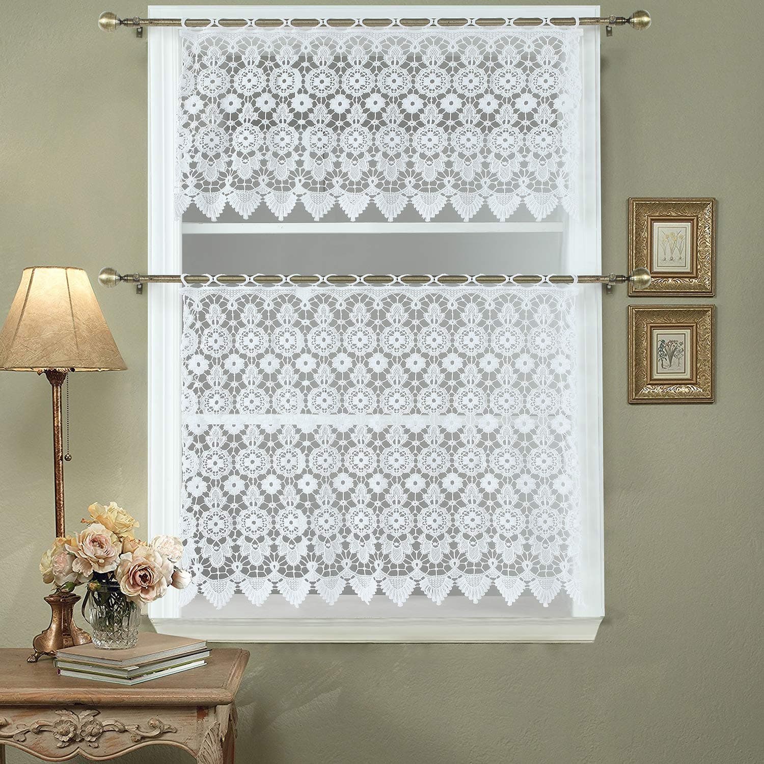 D DS CURTAIN Medallion Kitchen Curtain Tier,Macrame Kitchen Valance,Handmade Decorative Window Set:1pc Tier 35" W x 36" H-White
