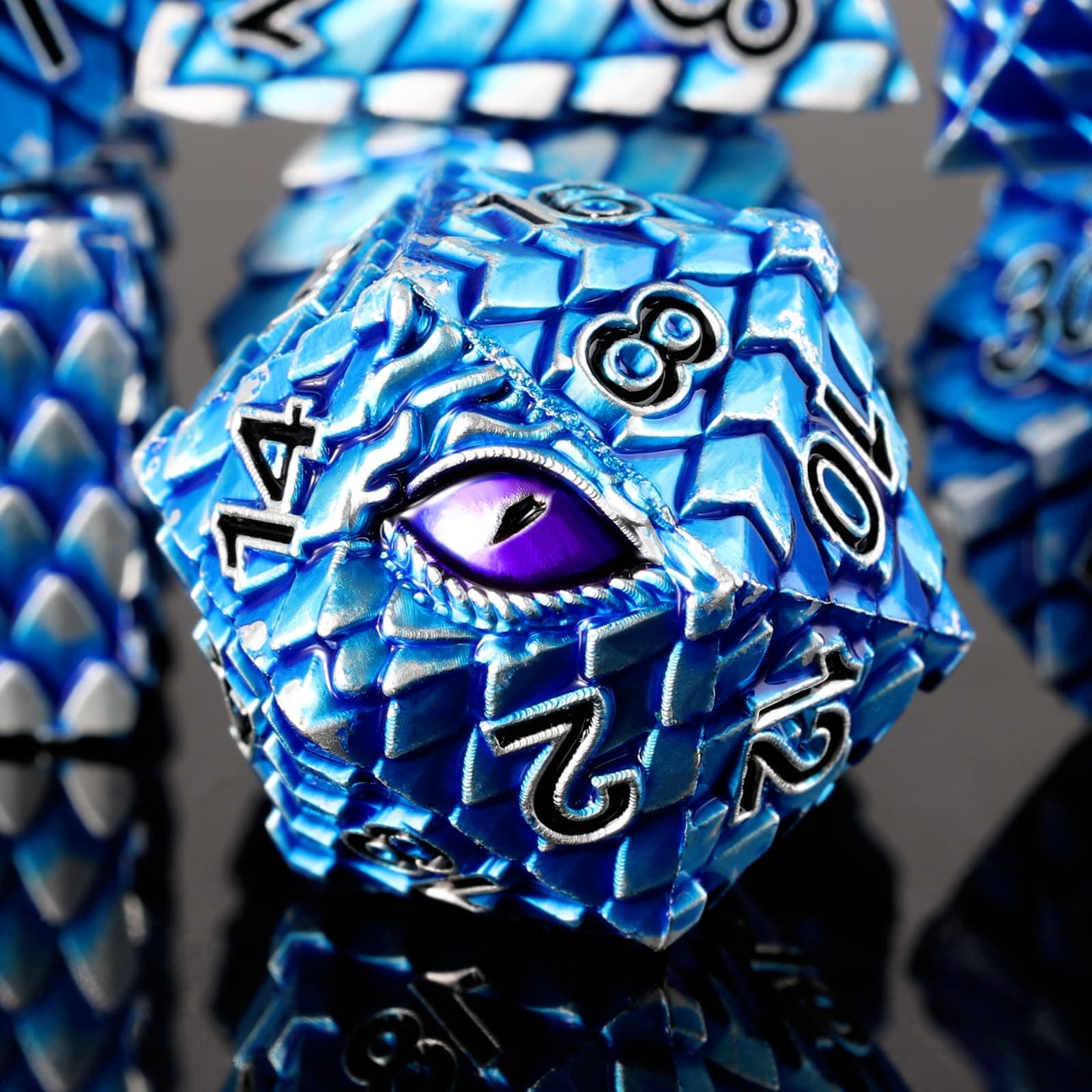 Metal Dice Set D&D,7 PCS Dragon Scale Metallic DND Dice Set,Dragon Eye Metal Dice with Grogeous Gift Case for Dungeons and Dragon Tabletop Game (Blue Dragon Scale & Purple Eye)