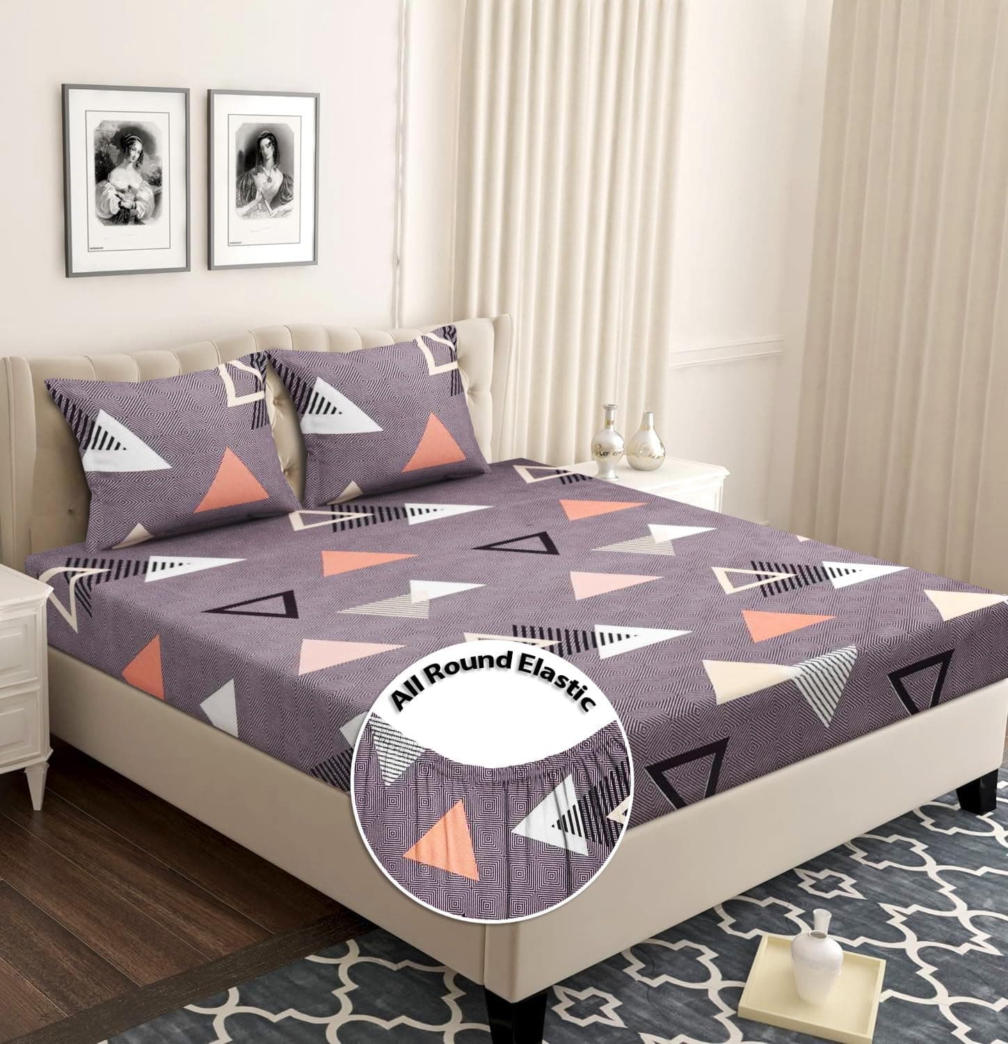 Premium Cotton Elastic Fitted Bedsheets with 2 King Size Pillow Covers | Double Bed with All Around Elastic 180 TC Supersoft | Size - 72 King Sizex78+10 inches | Blue,White & Orange