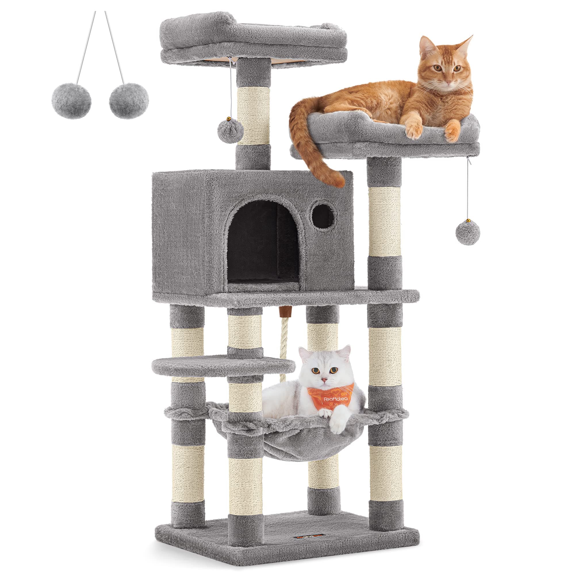 Feandrea Cat Tree, 44.1-Inch Cat Tower for Indoor Cats, Multi-Level Cat Condo with 11 Scratching Posts, 2 Perches, Cave, Hammock, Light Gray UPCT215W01