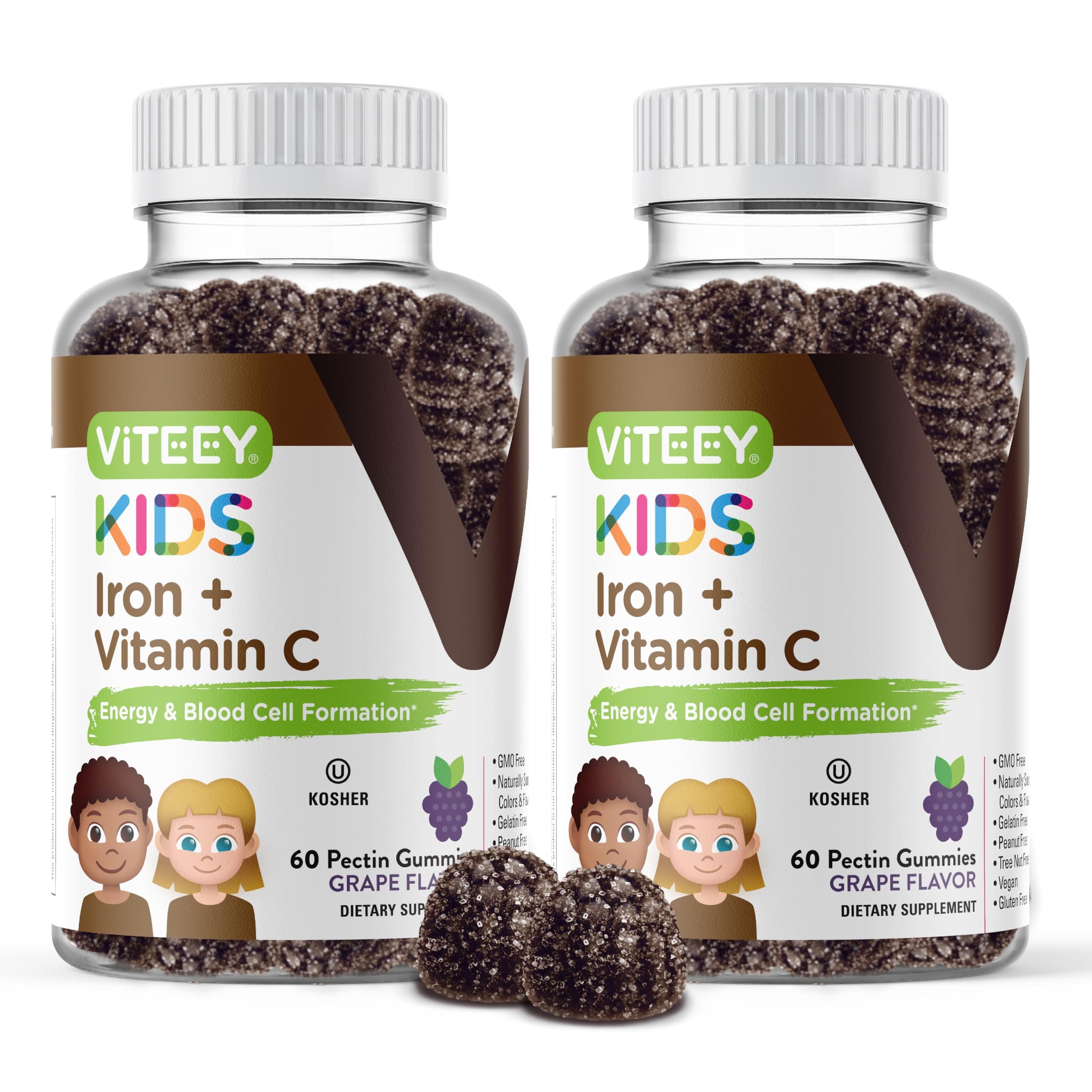VITEEY Iron for Kids with Vitamin C - Supports Energy, Blood Cell Formulation, Blood Builder Anemia Kids Iron Supplements - Vegan, Gelatin Free, Gluten Free - Tasty Chewable Grape Flavored Gummy