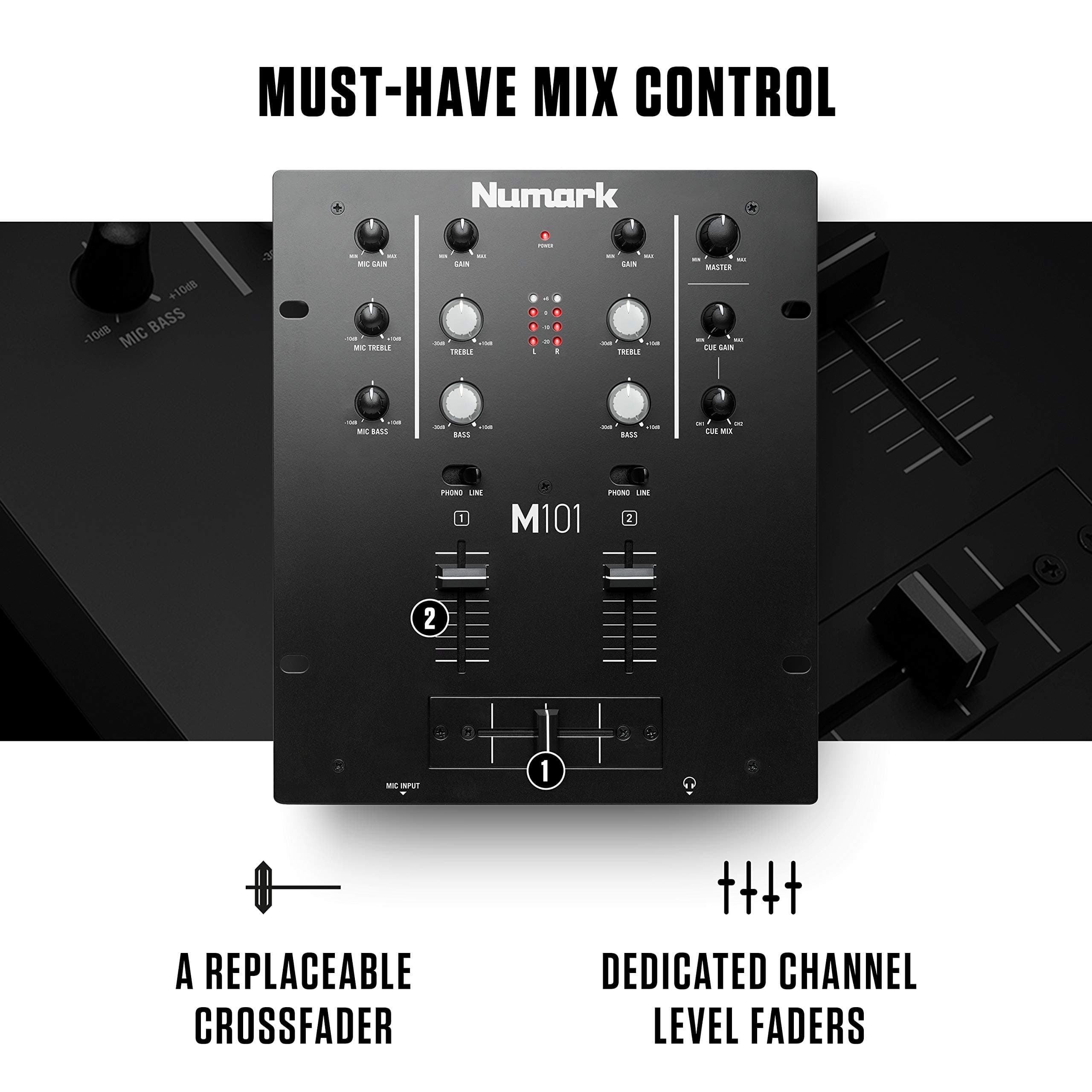 Numark M101 - 2-Channel DJ Mixer, Rack Mountable with 2-Band EQ, Microphone Input and Replaceable Crossfader