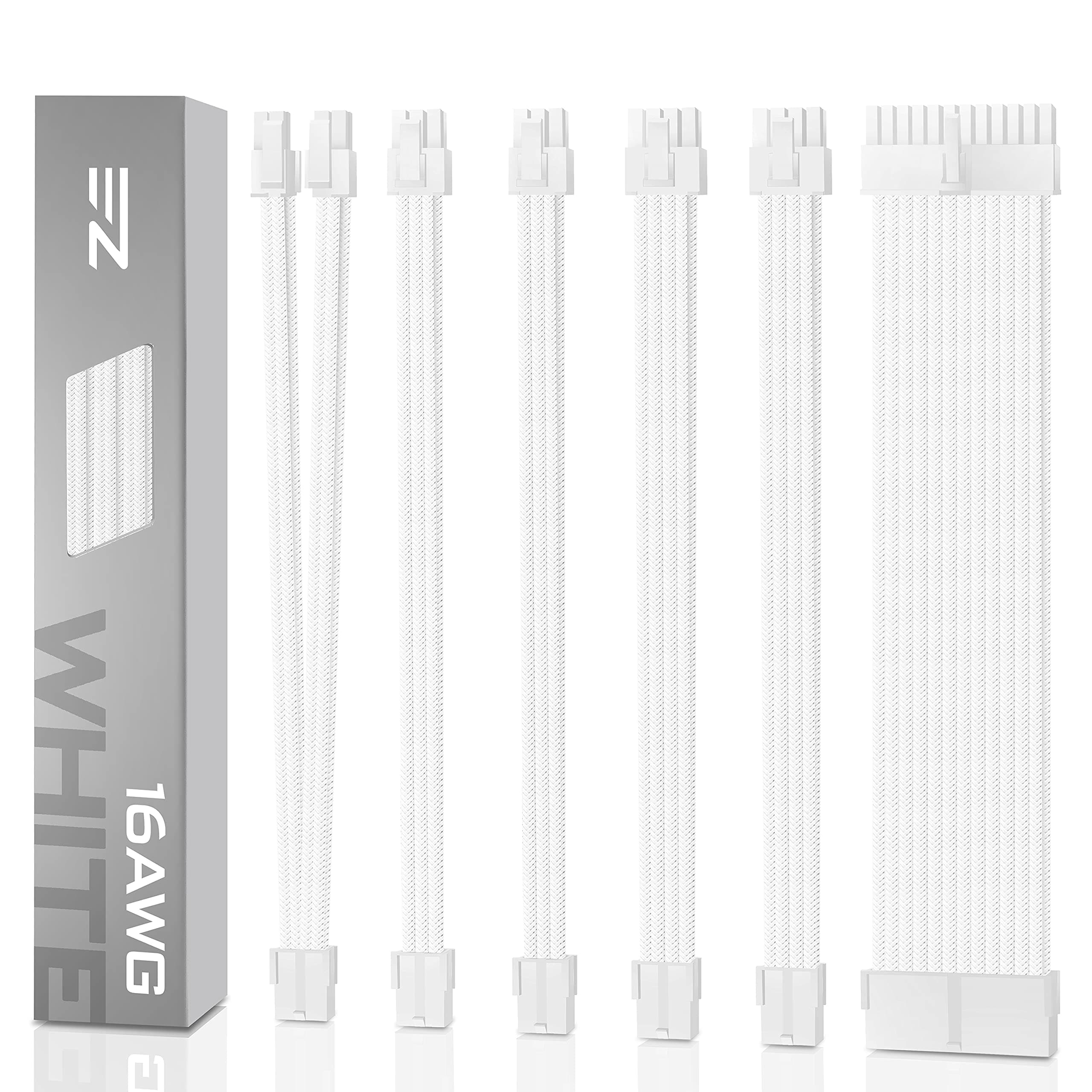 EZDIY-FAB PSU Cable Extension Kit - Sleeved Cable- Custom Power Supply Extension, 16 AWG, 24/8/6/4-PIN with White Combs