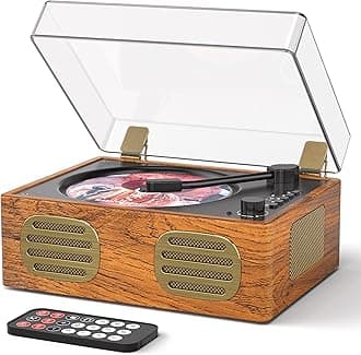 Portable Retro CD Player with Bluetooth and Dual HiFi Speakers, LED Screen, Desktop Vintage Wooden CD Music Player for Home, Dust Cover, Remote Control, AUX/USB Playback, Brown