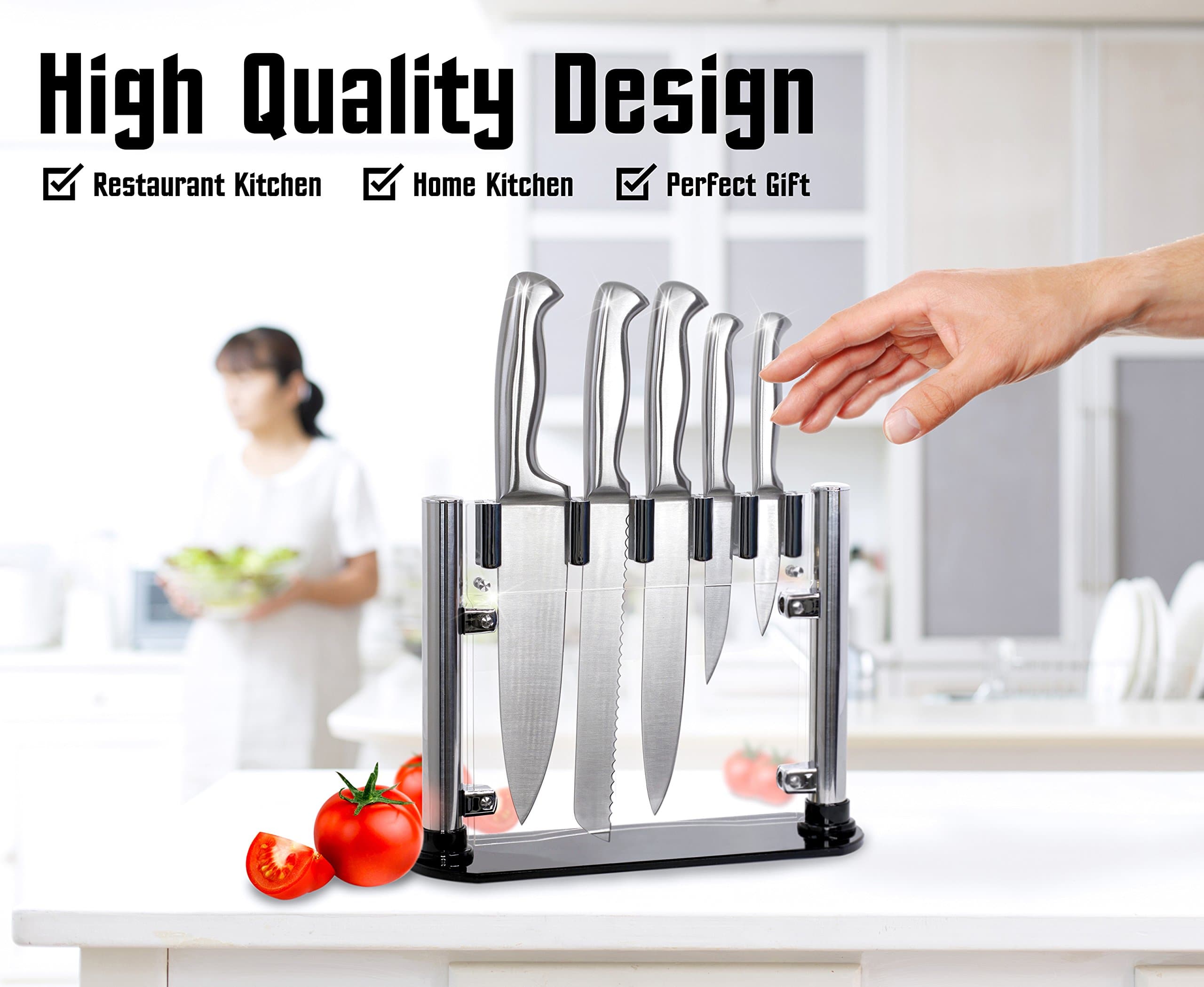 6 Piece Knife Set with Clear Thin Stand by El Perfecto Kitchen - High-Quality Stainless Steel Blades & Acrylic Stand – 8” Chef, Slicing, & Bread, 5” Utility, & 3.5” Paring Knives + 30 Day Guarantee