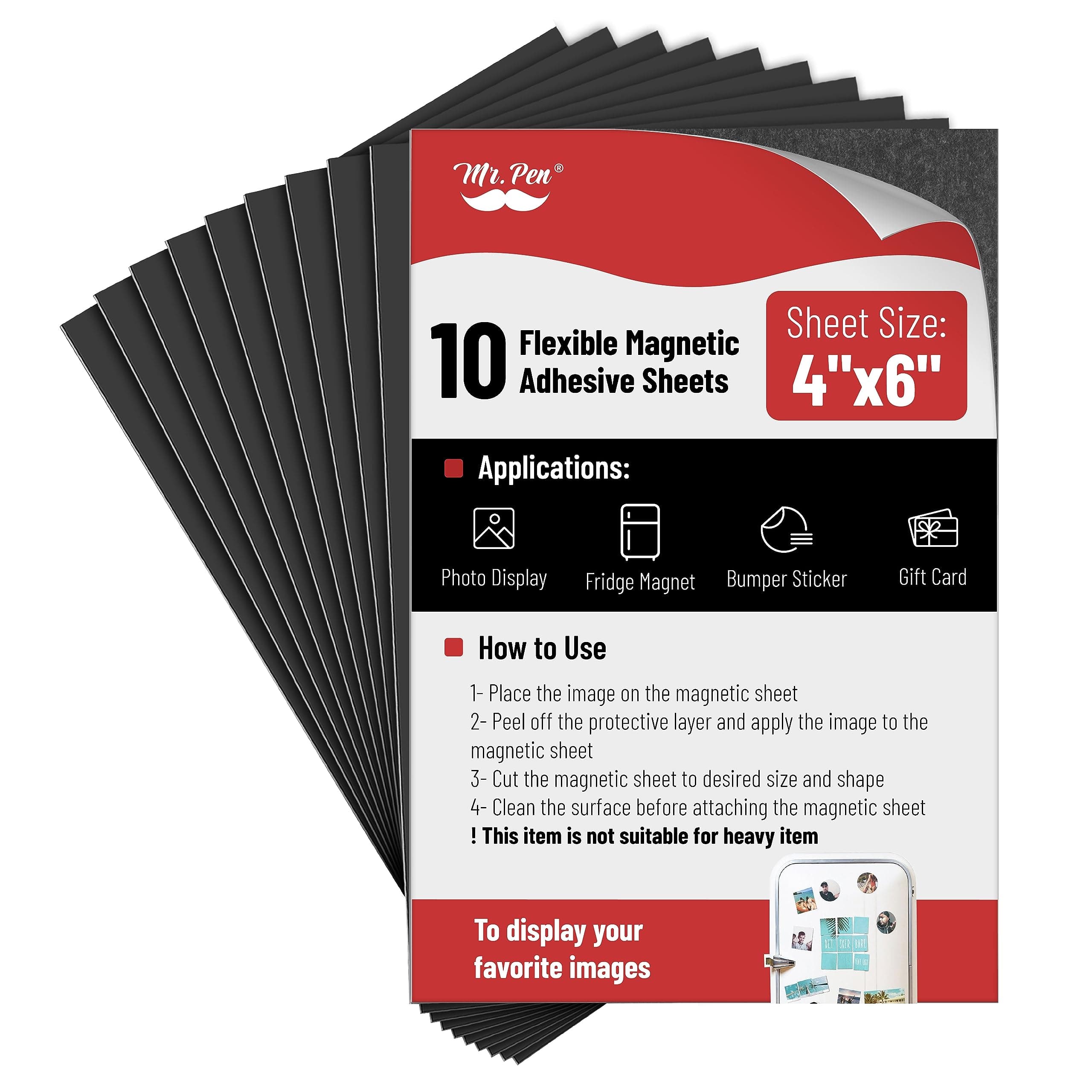 Mr. Pen- Adhesive Magnetic Sheets, 4" x 6", 10 Pack, with Adhesive Backing, Flexible Picture Magnets, Cuttable Magnetic Sheets