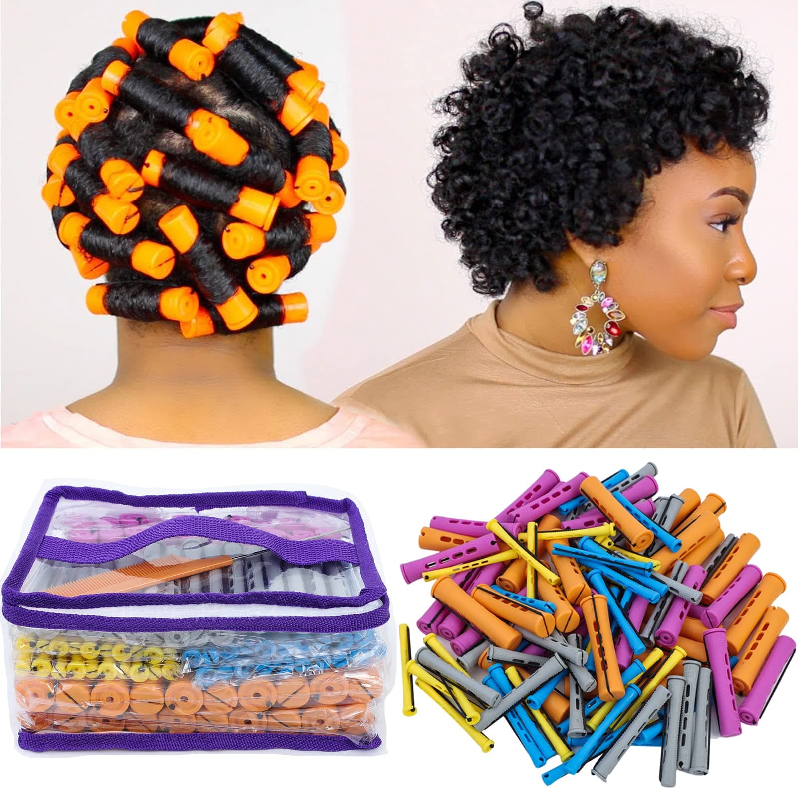YOROSTAR 100pcs Hair Curling Rods Set - Plastic Cold Wave Rollers for Natural, Long or Short Hair Styling - Women's DIY Hairdressing Tools in Orange, Purple, Gray, Blue, Yellow