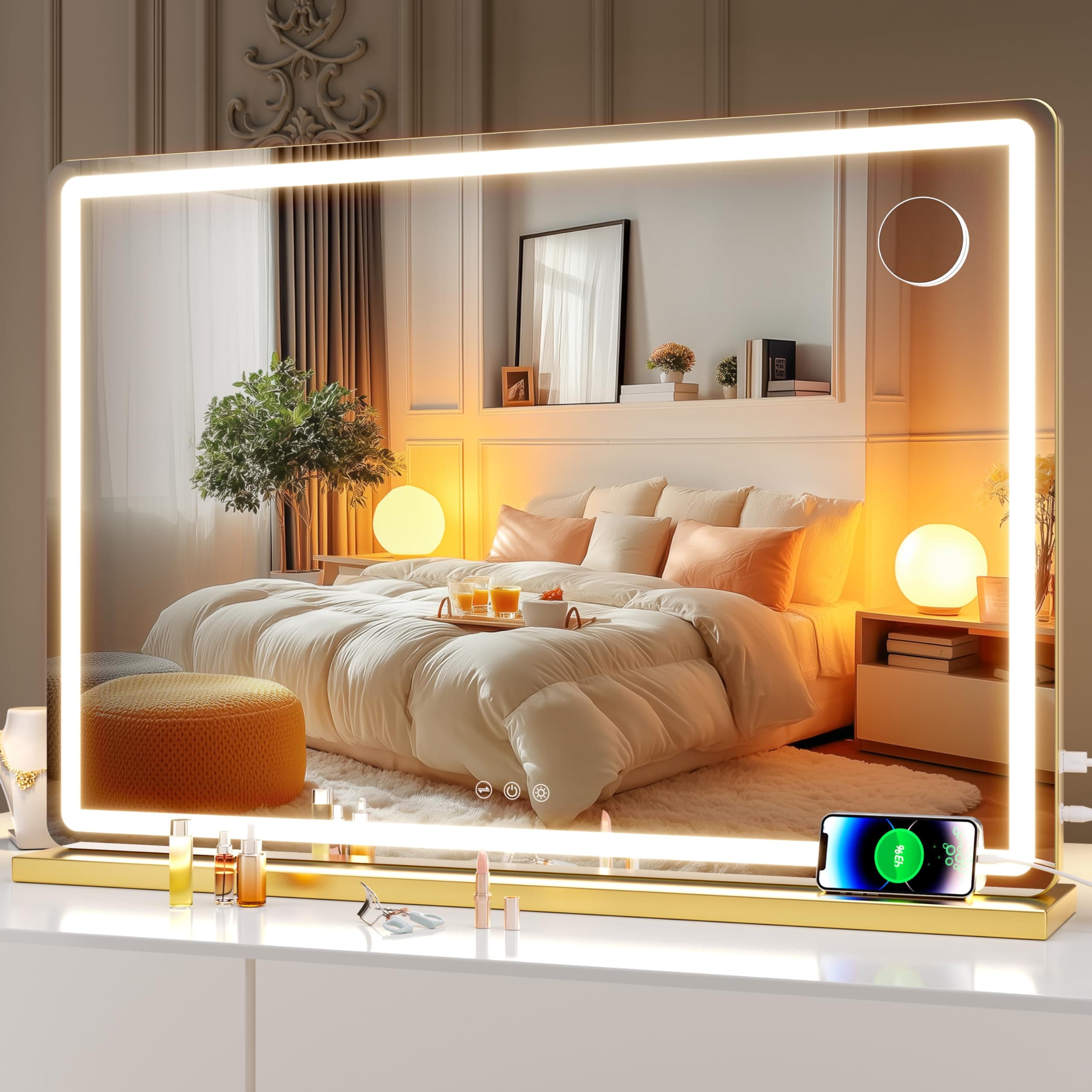 Hasipu Vanity Mirror with Lights, 80 x 55cm LED Makeup Mirror, Lighted Makeup Mirrors with Dimmable 3 Modes, Touch Screen Control Vanity Mirrors Round Gold