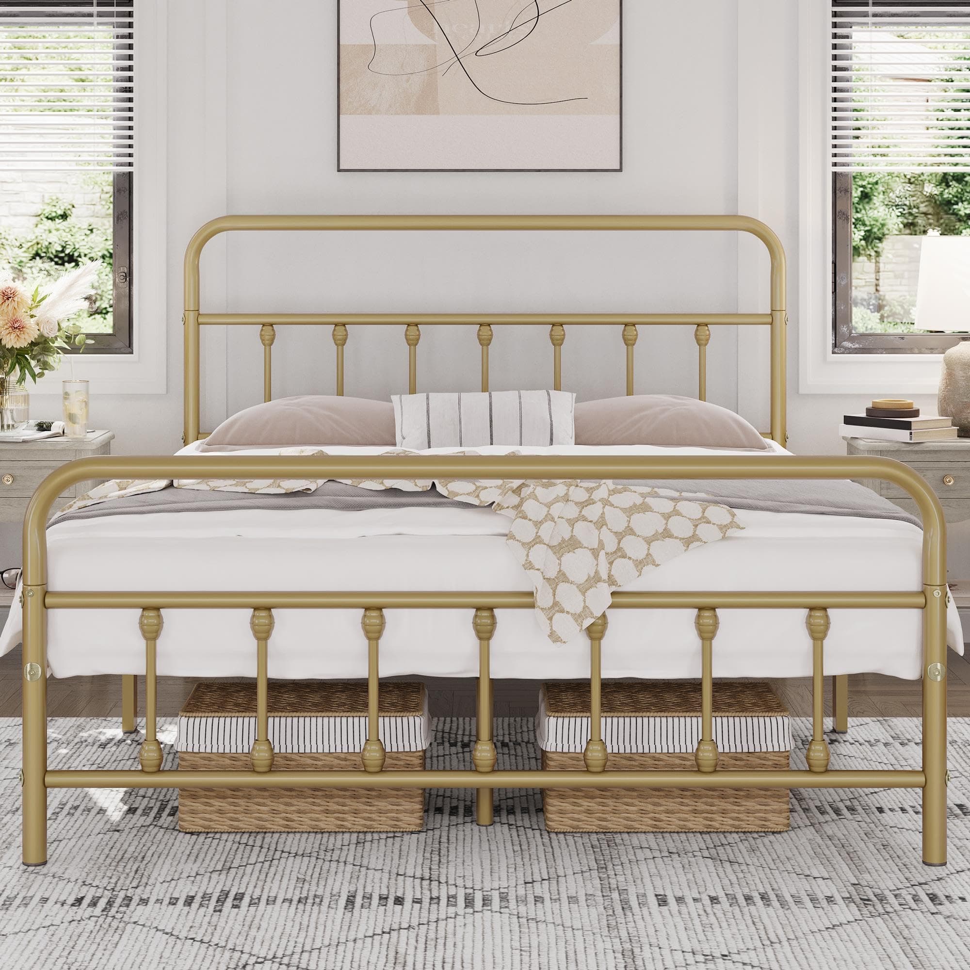 Yaheetech Classic Metal Platform Bed Frame Mattress Foundation with Victorian Style Iron-Art Headboard/Footboard/Under Bed Storage/No Box Spring Needed/Queen Size Antique Gold