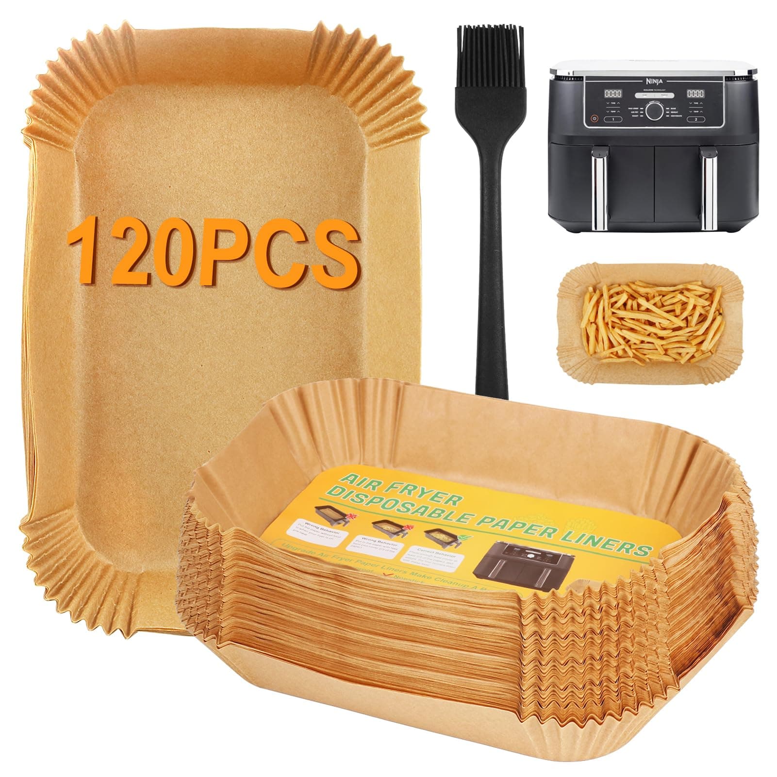 BYKITCHEN 120 PCS Airfryer Liners Disposable for Tower/Ninja Double Stack XL SL400UK Air Fryer, Paper Air Fryer Liners Accessories for Ninja AF400UK/AF400UK/ Foodi Max AF451UK 9.5L 2 Drawer Air Fryer