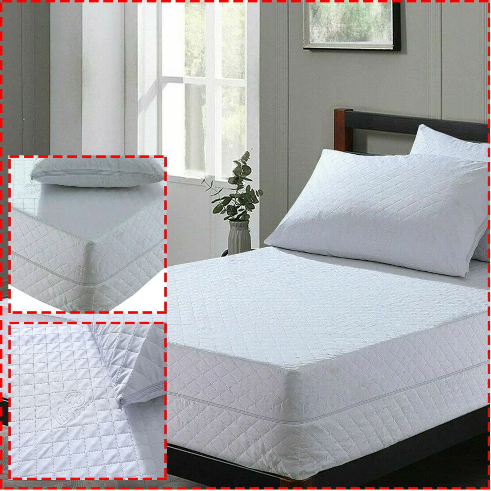 30 cm Extra Deep zipped Quilted mattress protector fully Total Encasement for Bed Mattress Cover 3 Layer Protection UK (Single Size)