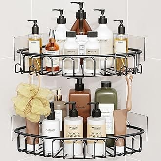 Orimade Corner Shower Caddy Stainless Steel with Hooks Wall Mounted Bathroom Shelf Storage Organizer Adhesive No Drilling 2 Pack, Black Only for 90-Degree Corner