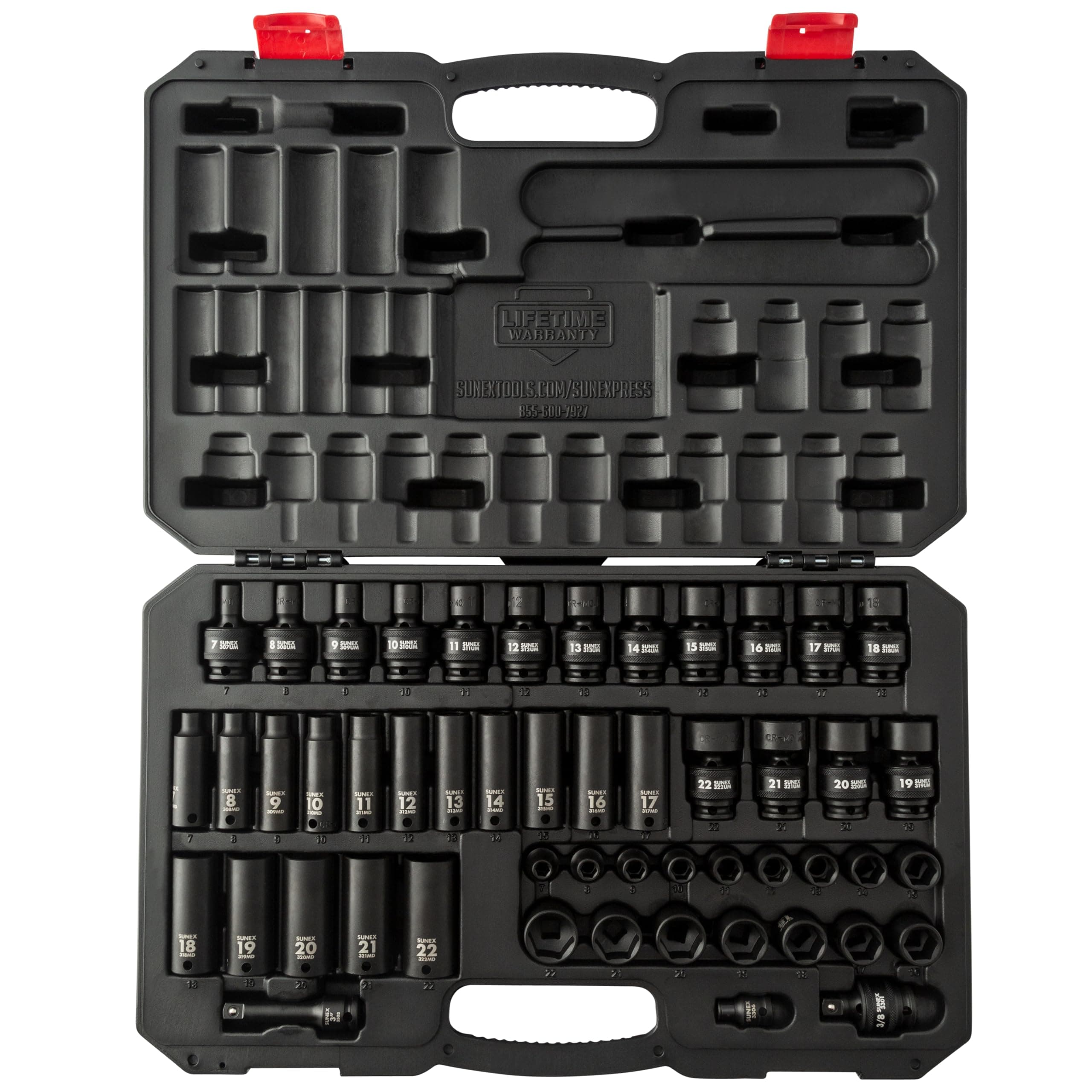 Sunex 3351, 3/8 Inch Drive Impact Socket Set, 51-Piece, Metric, 7mm - 22mm, Standard/Deep/Universal, Cr-Mo Steel, Radius Corner Design, Heavy Duty Storage Case, Meets ANSI Standards
