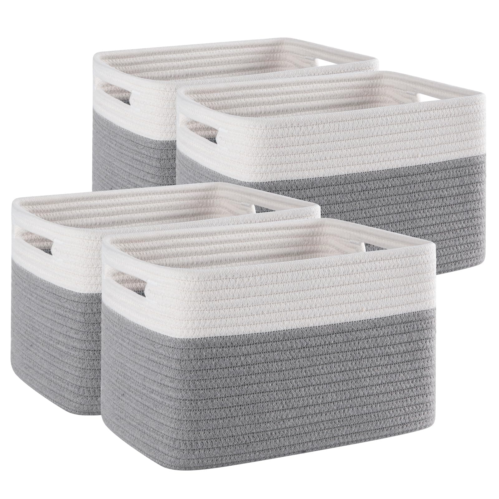 4 Pack Storage Baskets for Organizing, Woven Baskets for Shelves - Perfect for Toys, Books, Towels, and Clothes, Durable Gift Basket Bins Toy Storage, 12.7''L x9''W x7.8''H, Grey and White