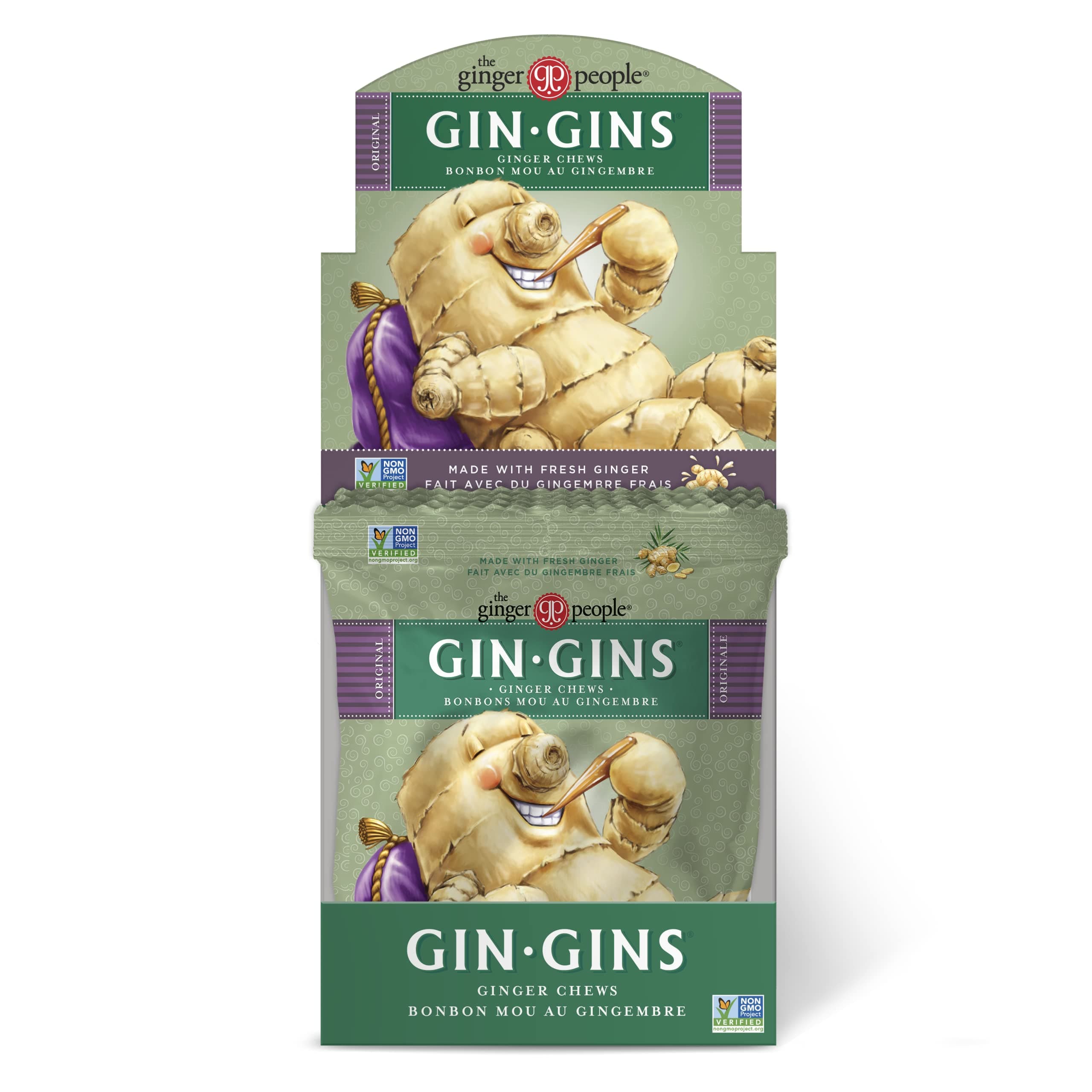 GIN GINS Original Ginger Chews – 100% Natural Candy by The Ginger People – Individually Wrapped Healthy Treats – Made with the Fresh Rhizome - Original Flavor, 2.1oz Bags - Pack of 12