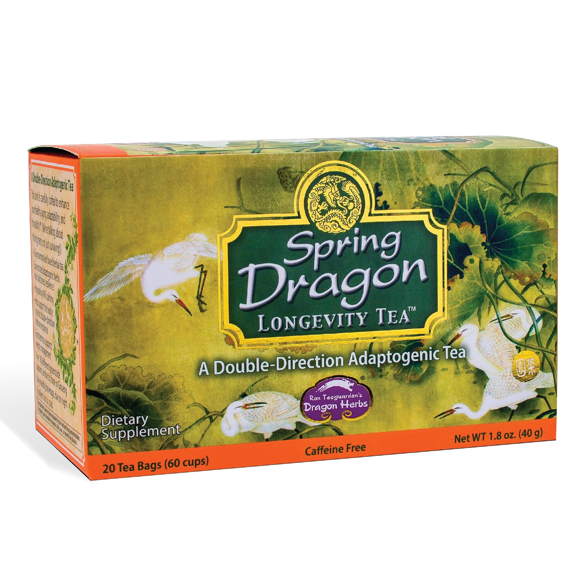 Spring Dragon Longevity Tea - Adaptogenic Gynostemma Leaf Herbal Tea Infused with Schizandra Berry, Goji Berry, Astragalus Root, Eleuthero Root, Luo Han Guo Fruit – Immune Support, Calming, Invigorating, Energy, Soothing, Digestion Support, Caffeine Free - 20 Individually Wrapped Bags, Makes 60 servings