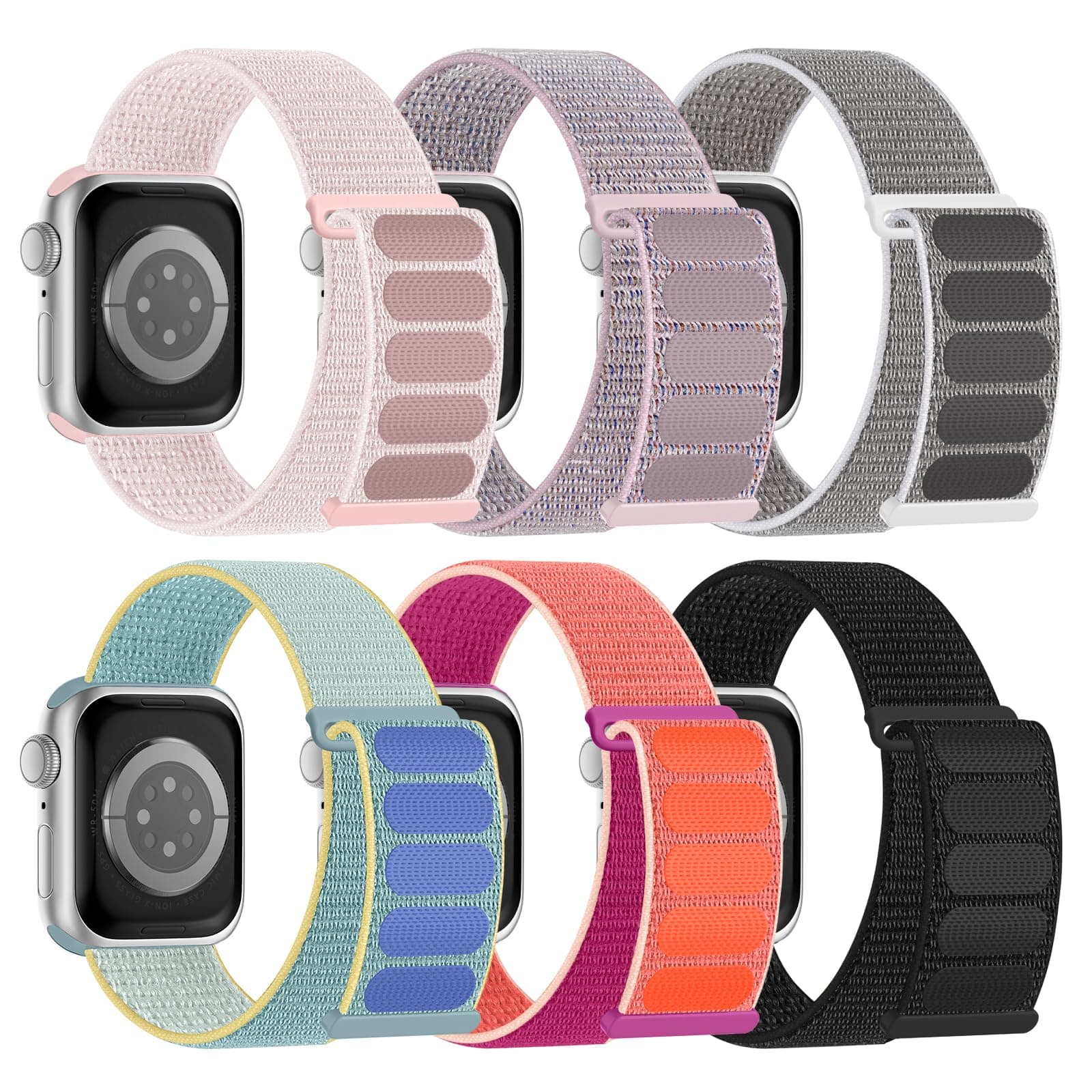 6 Pack Sport Nylon Loop Band Compatible with Apple Watch Band 38mm 40mm 41mm 42mm 44mm 45mm 46mm 49mm for Women Men, Adjustable Breathable Braided Straps for iWatch Series 11/10/9/8/7/6/5/4/3/SE/Ultra