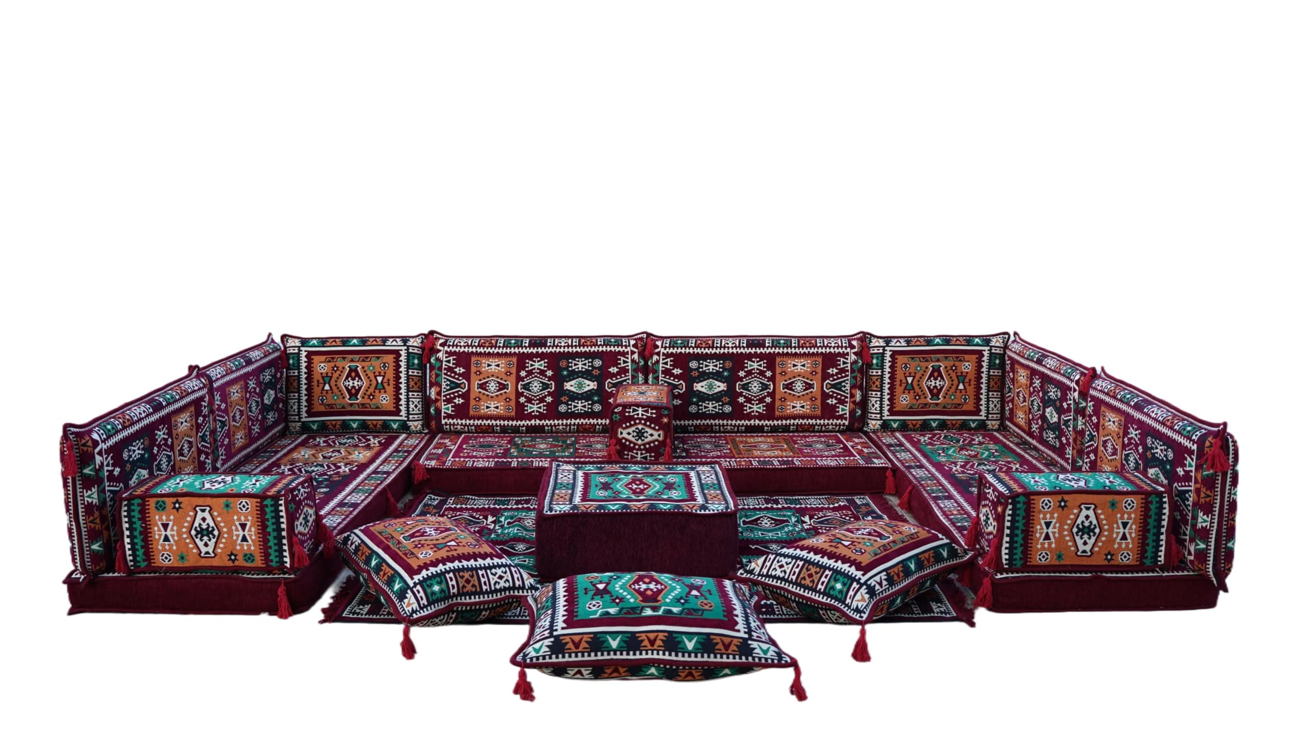 U Shaped Maroon Arabic Sofa Seating Set – Low Modular Sofa for Living Room