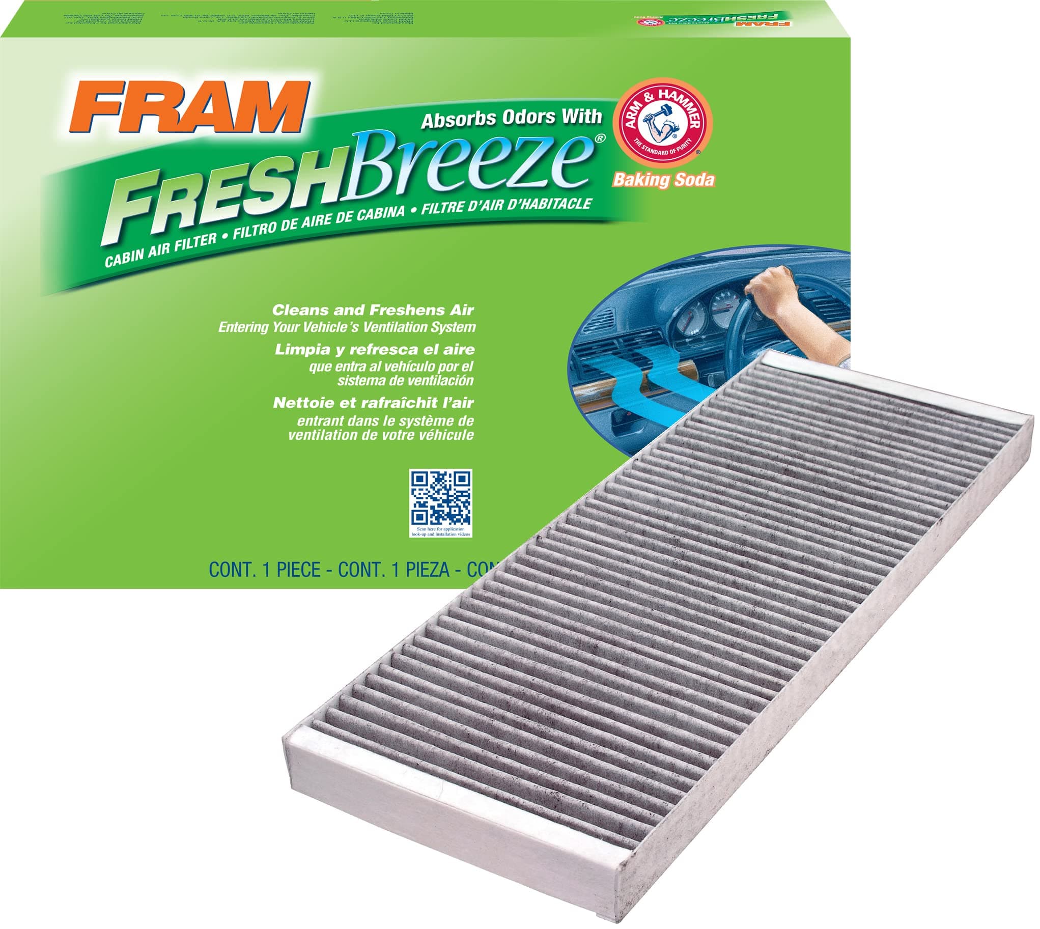 FRAM Fresh Breeze Cabin Air Filter Replacement for Car Passenger Compartment w/ Arm and Hammer Baking Soda, Easy Install, CF8110A for Select Audi and Volkswagen Vehicles , white