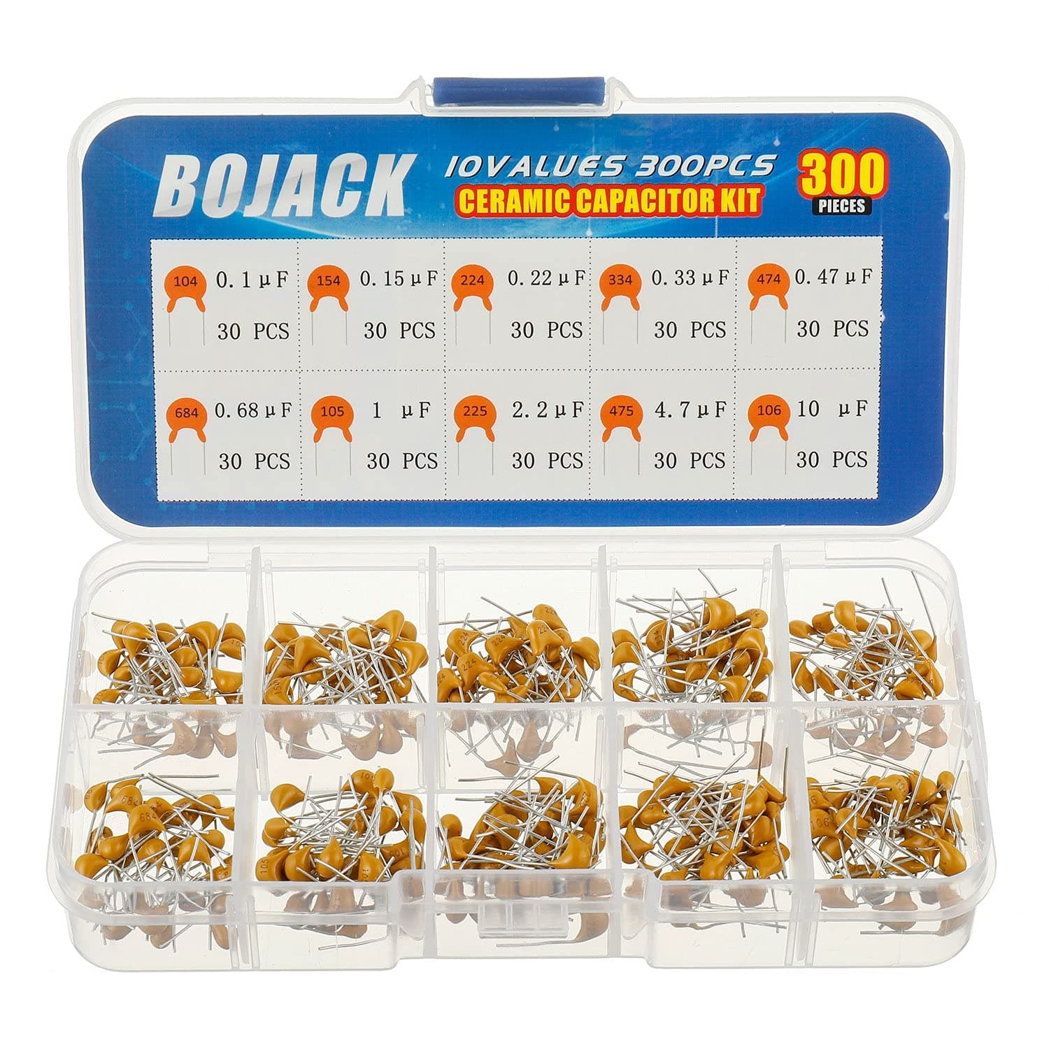 BOJACK 10 Values 300 Pcs Ceramic Capacitor 0.1 0.15 0.22 0.33 0.47 0.68 1 2.2 4.7 10 uF Multilayer Monolithic Ceramic Capacitor Assortment Kit