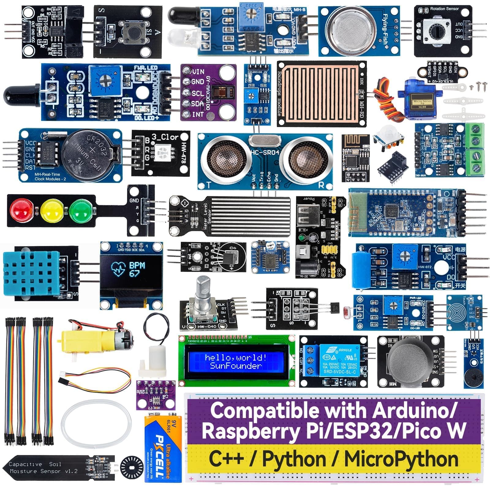 SunFounder Universal Maker Sensor Kit Compatible with Arduino Mega 2560/Uno R3/R4 Minima/WiFi Nano, Raspberry Pi 5/4B/3B+/Zero 2 W/, Pico W, ESP32, C++, Python, MicroPython, Beginners & Engineers