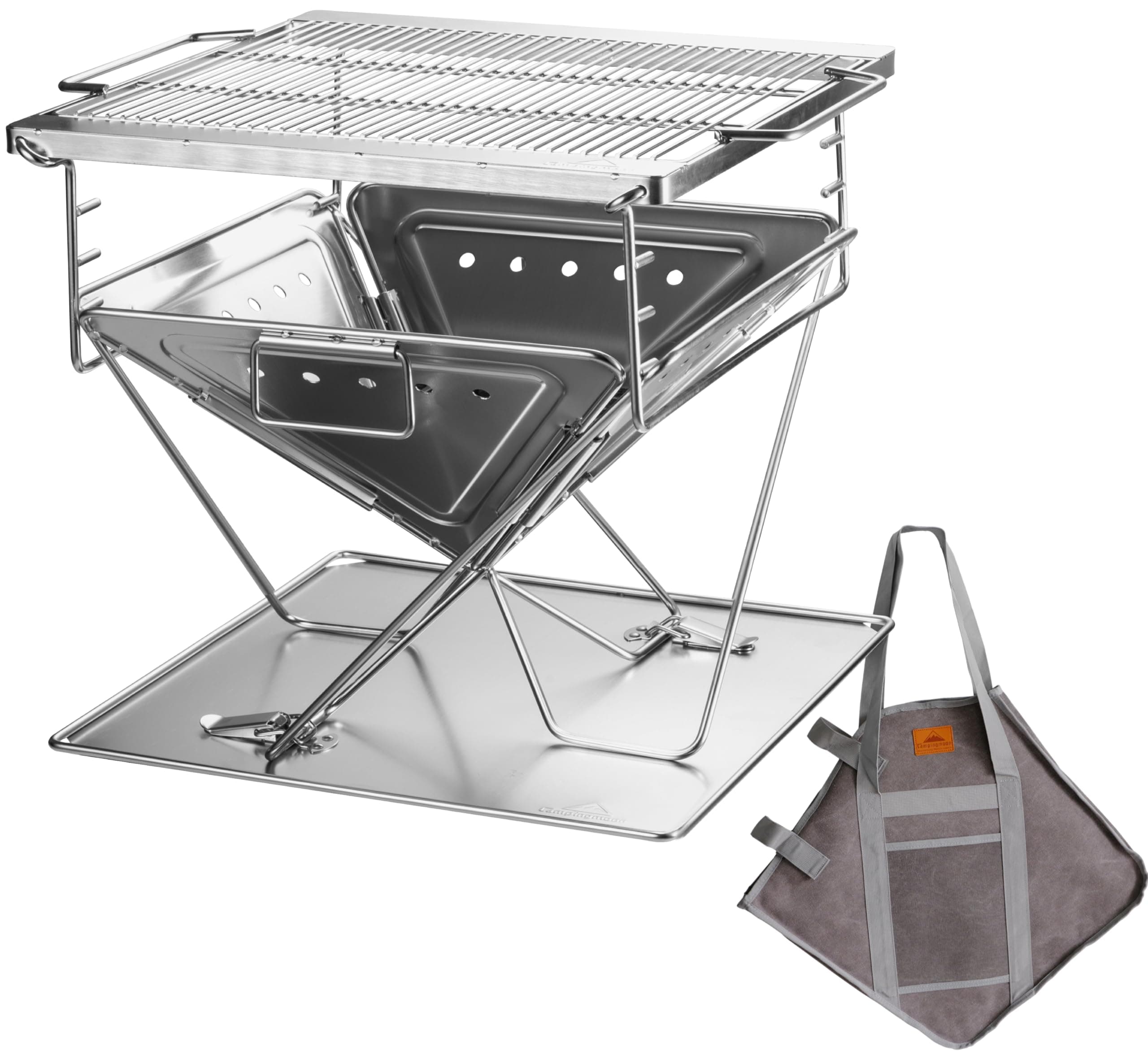 CAMPINGMOON 3 in 1 Flatpack Portable Fire Pit Grill 14 inch Foldable Stainless Steel Wood Burning Camping Stove Adjustable Height Overlanding Outdoor Cooking RV Trips Carry Bag included MT-045