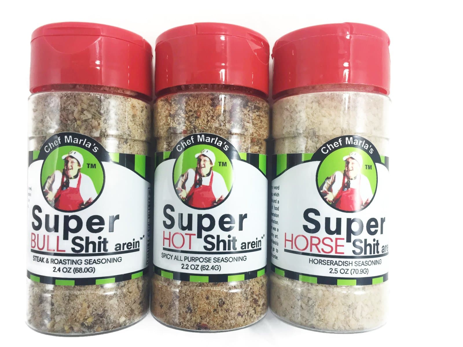 Chef Marlas Super Shit-arein Premium Spices Bundle: 1 Super Hot Shit Spicy All Purpose Seasoning, 1 Super Bull Shit Steak and Roasting Seasoning and 1 Super Horse Shit Horseradish Seasoning, 3 Items.