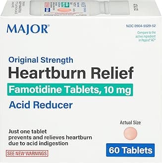 Pharmaceuticals Major Heartburn Relief TABS FAMOTIDINE-10 MG Pink 60 Tablets UPC 309045529522, Count