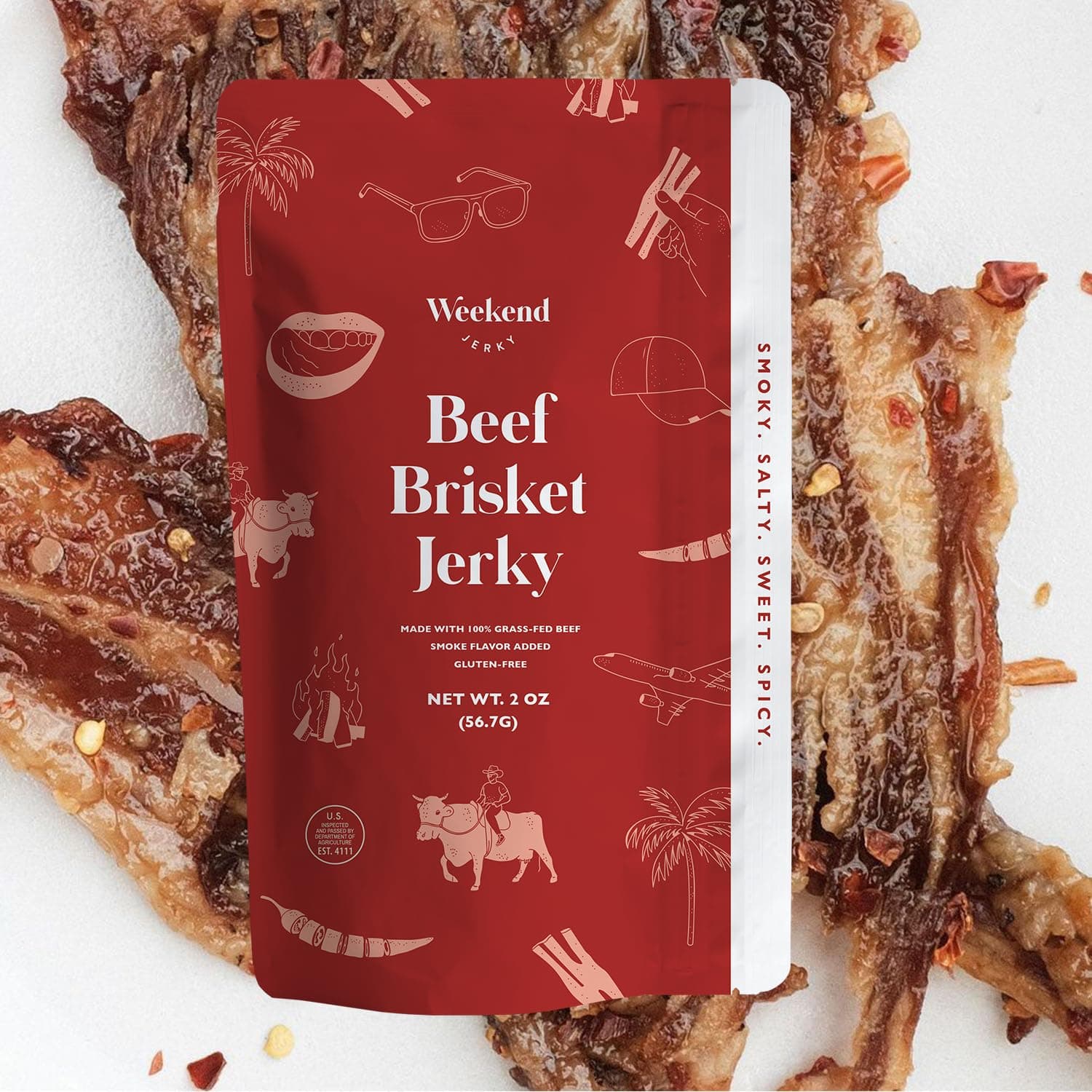 Premium Beef Brisket Jerky by Weekend Jerky - Made with 100% Grass-Fed Beef Animal-Based Gluten-Free Sweet Spicy Smoky Salty Fatty Super Tasty Flavorful Highly Addicting No Added Refined Sugars (2oz)
