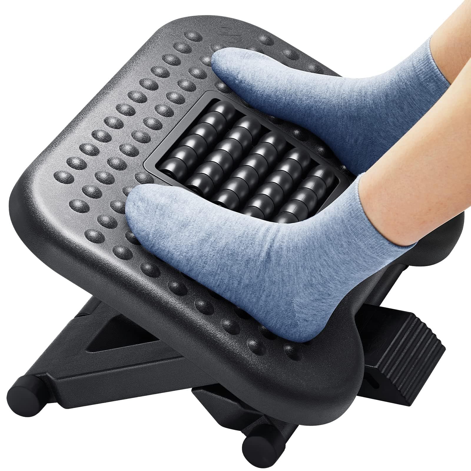 Foot Rest for Under Desk at Work, Adjustable Footrest with Massage Texture and Roller, Ergonomic Foot Stool with 3 Height Position, 30 Degree Tilt Angle Adjustment for Home, Office