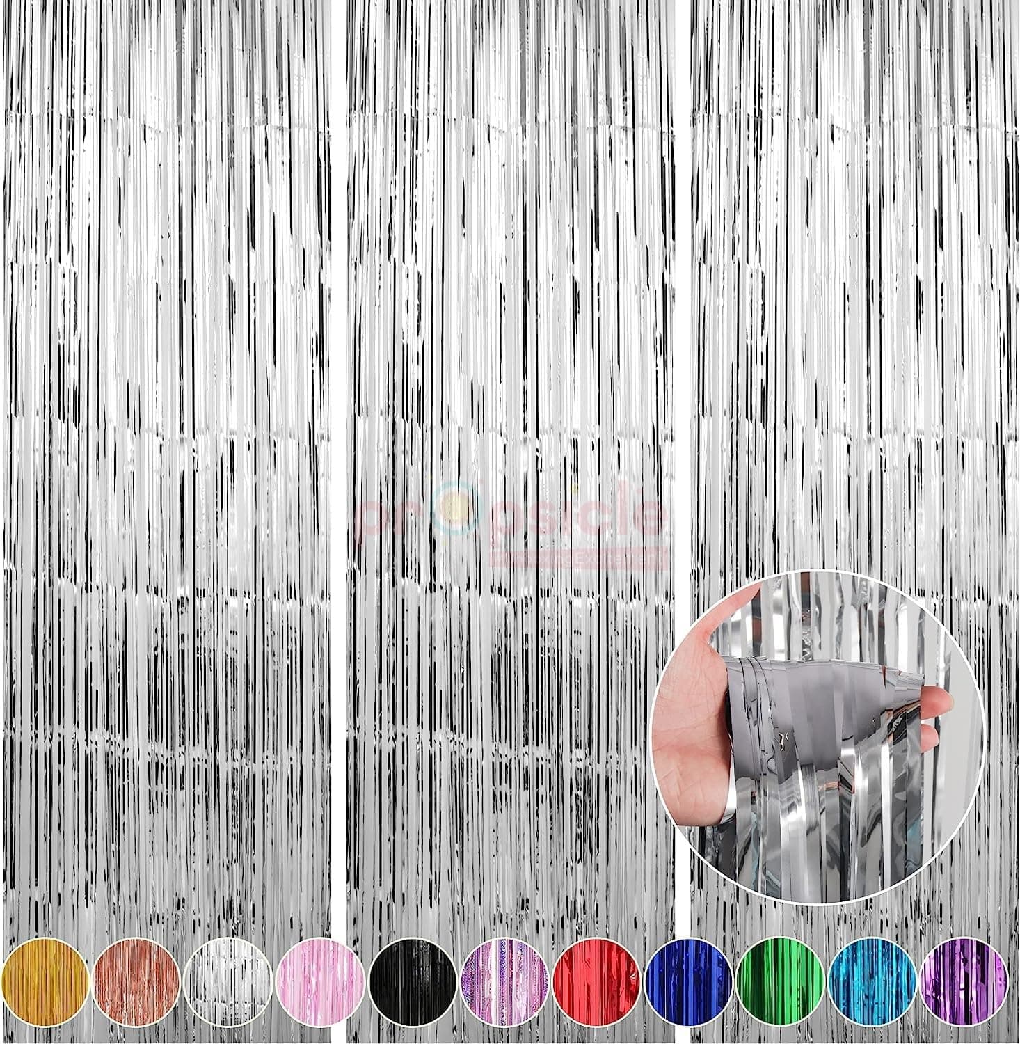 - Propsicle Silver Foil Fringe Curtains 3x6 ft Pack of 3 - Metallic Tinsel Backdrop for Birthday, Anniversary, Bachelorette, Baby Shower, Photo Booth Wall Decoration